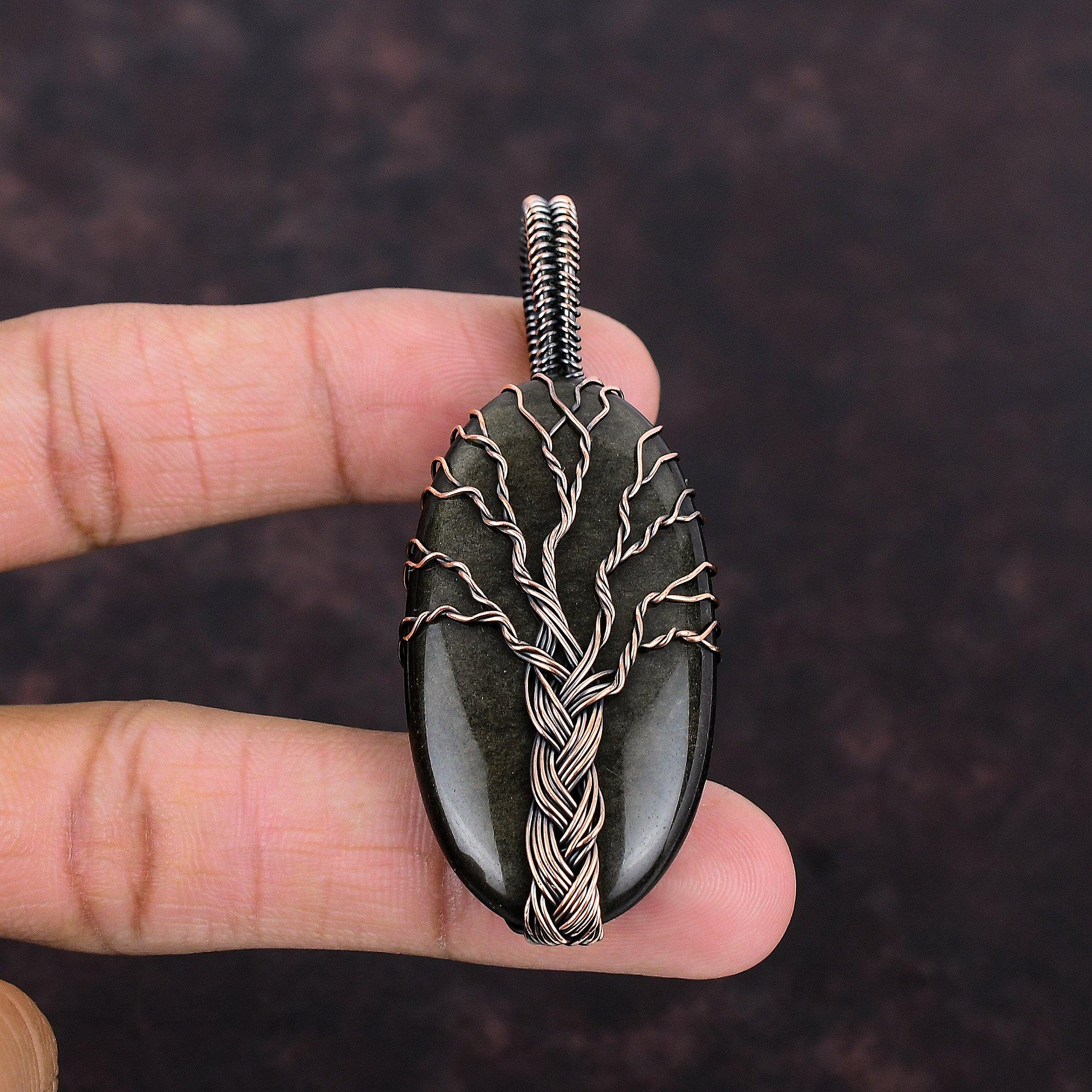 Přívěsek Strom života Obsidián stříbrný lesk Měděný drátem obmotaný přívěsek Šperky Strom života Drahokam Měděné šperky Dárek Ručně vyrobený přívěsek