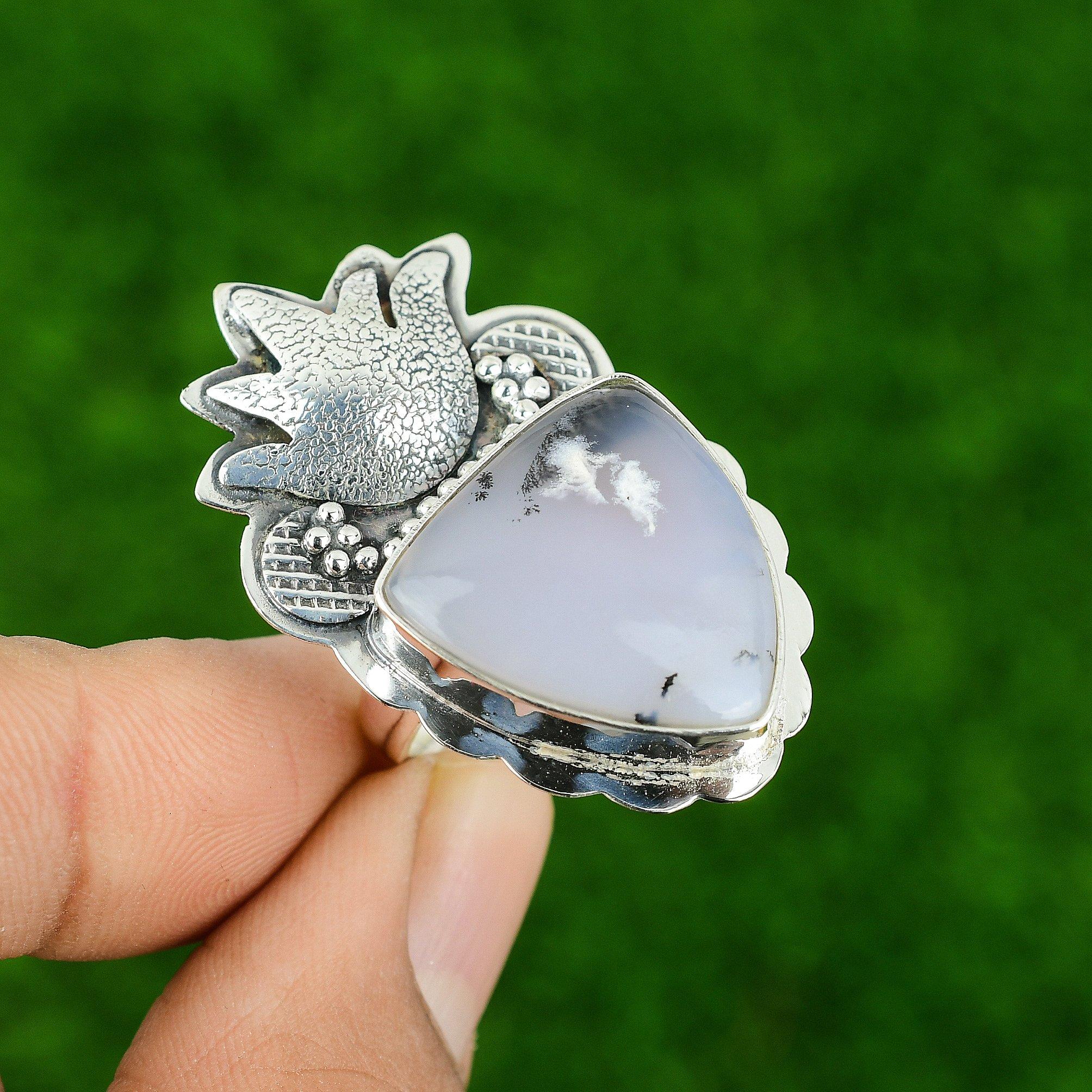925 Silver Dendrite Opal Stone Mother Bezel Anniversary Art Deco Statement Ring