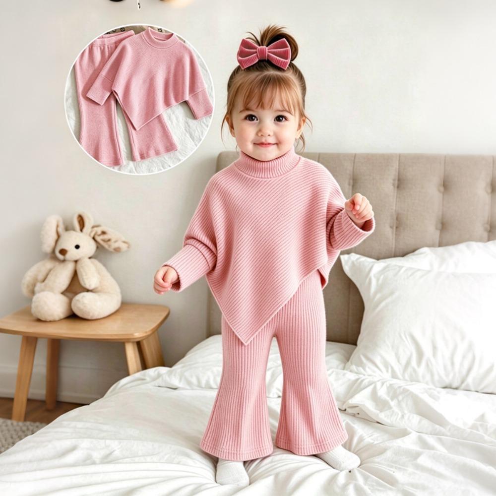 Girls Spring Autumn Winter Casual T-shirt Set Flared Pants Asymmetric High Neck Ribbed Brushed Top and Trousers Outfit