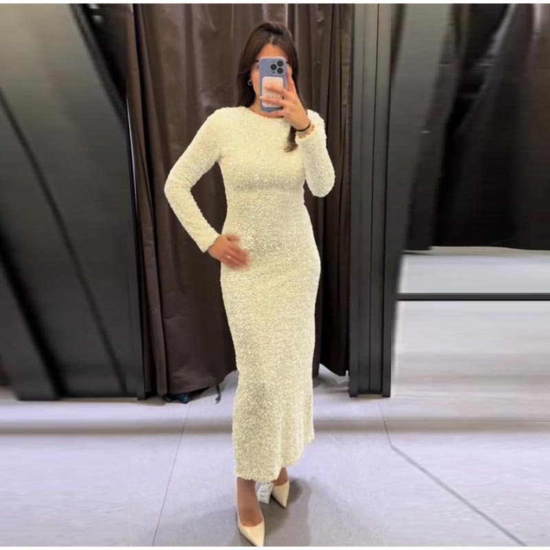 Women Fashion Party Dresses Solid Color O-Neck Long Sleeve Sequins Decorate Zipper Female Autumn High Street Chic Long Dress