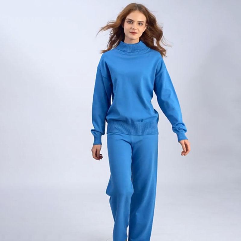 Fashion High-neck Set of Autumn and Winter Solid Color Versatile Outwear Knitted Tops Casual Pants Two-piece Set
