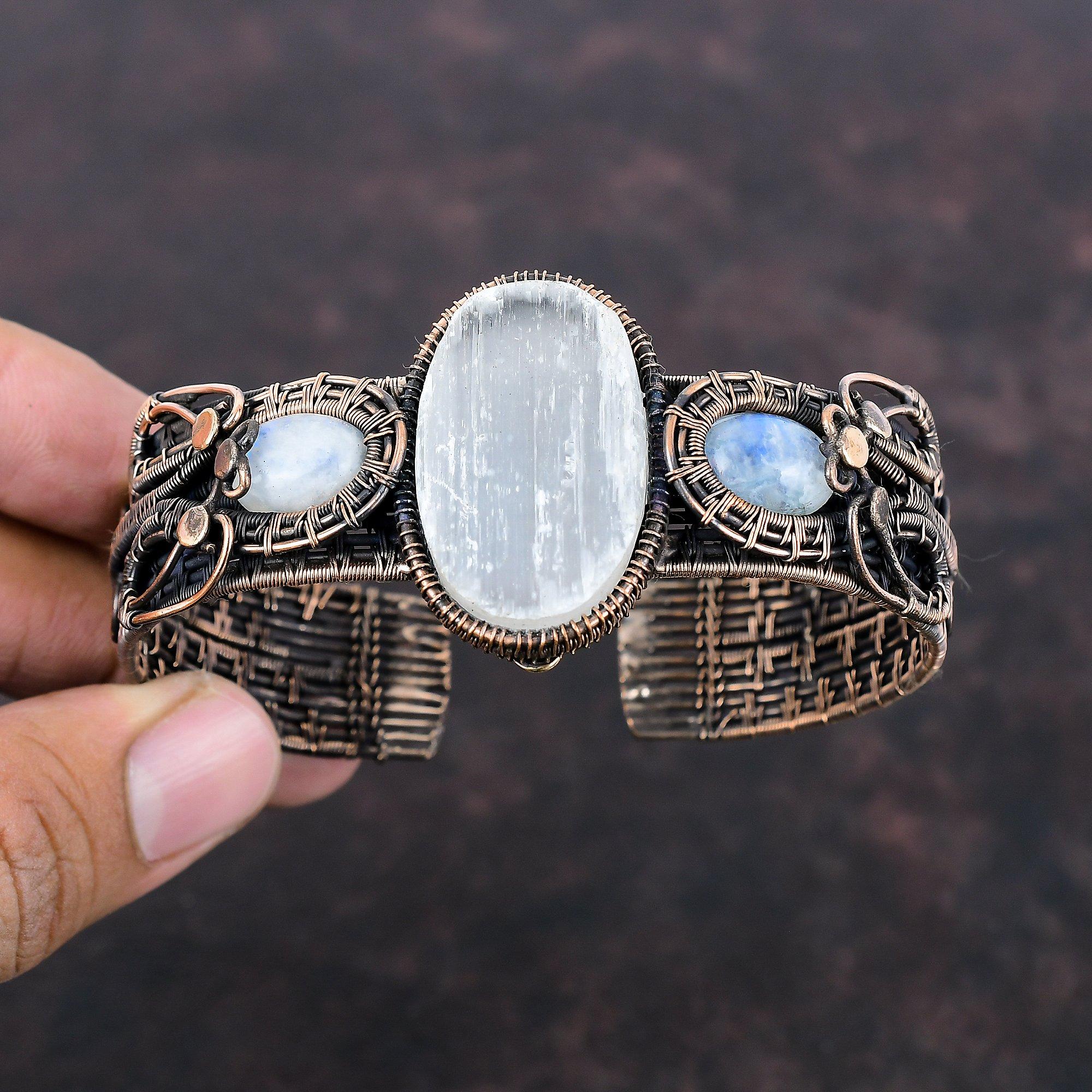 Pulseira de punho drusa de selenita, bracelete de pedra da lua arco-íris, pulseira de punho enrolada em fio de cobre, pulseira ajustável feita à mão, joias com pedras preciosas para presente