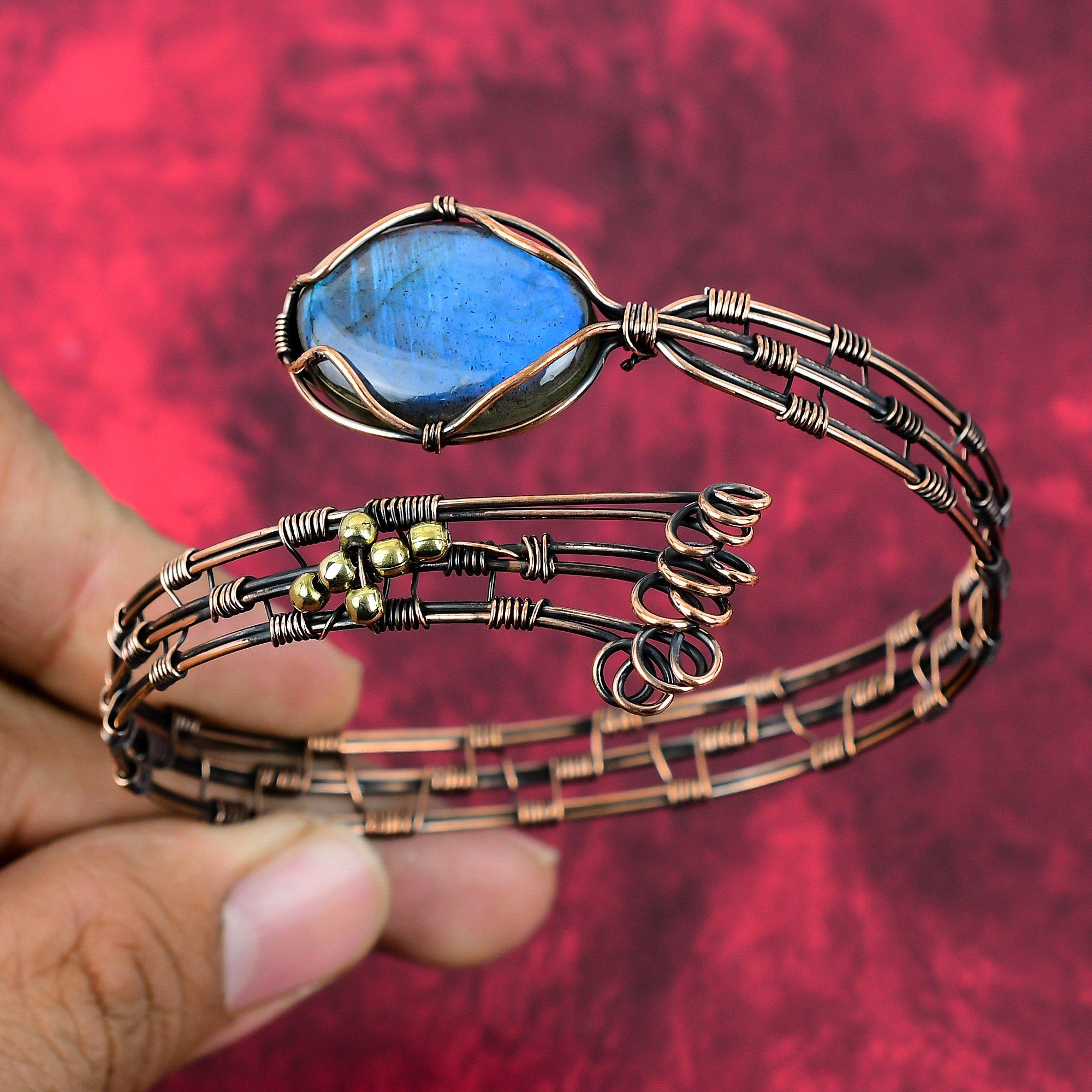 Labradorite Bangle Copper Wire Wrapped Cuff Bracelet Adjustable Cuff Copper Jewelry Handmade Bangle Original Gemstone Jewelry Gifts For Him