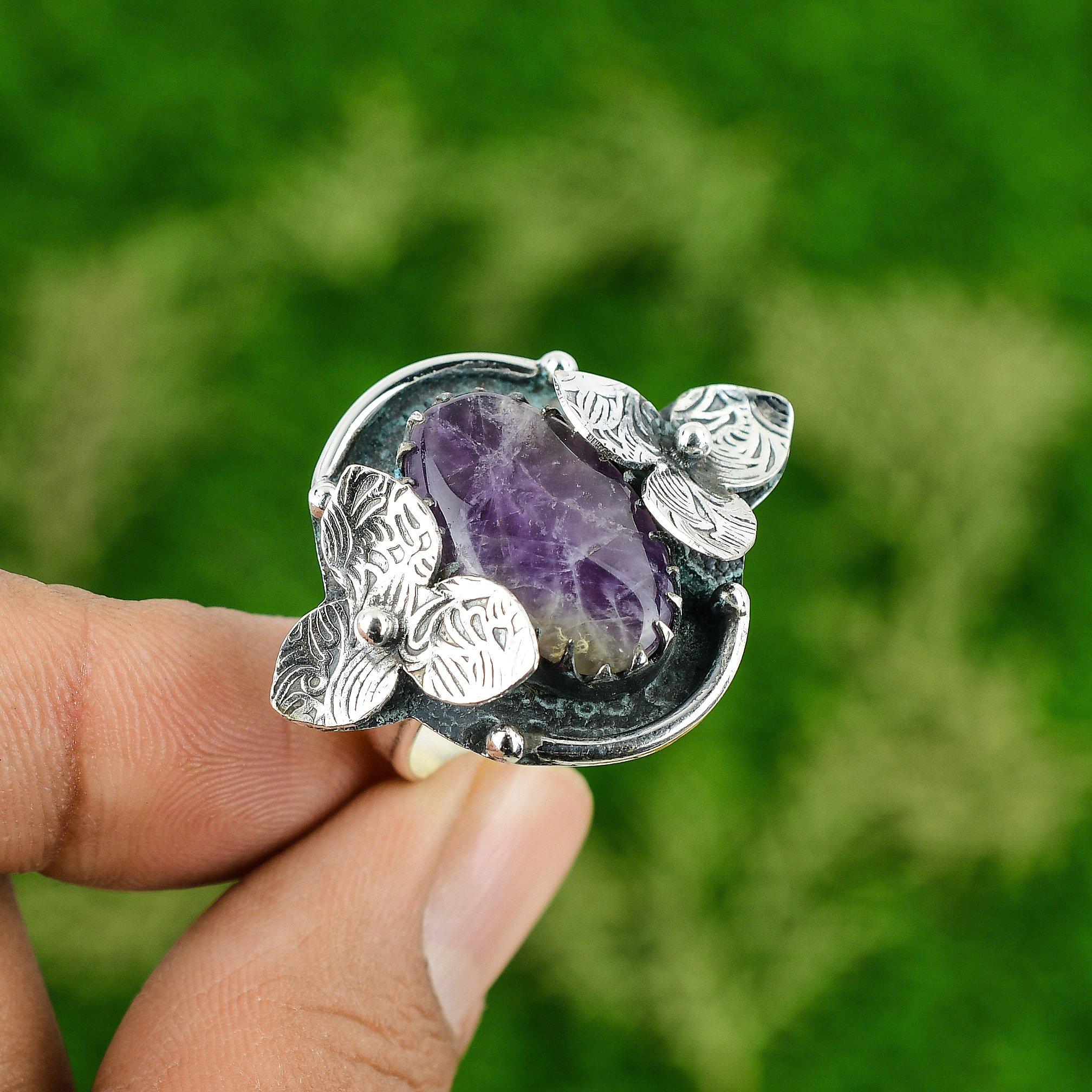 Natural Chevron Amethyst Multi Stone Flower Ring Size 10.25 925 Silver