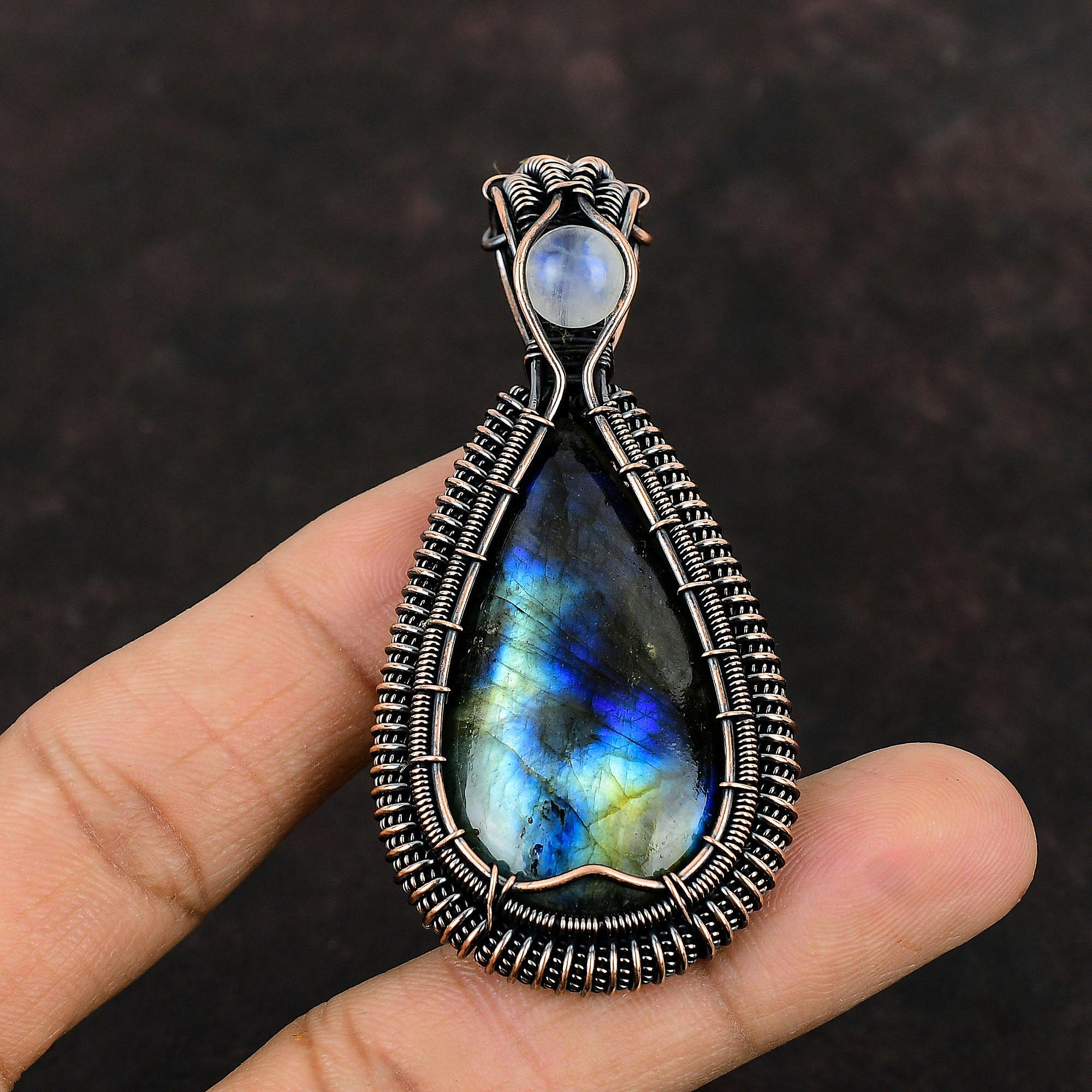 Labradorit Anhänger Kupferdraht gewickelt Edelstein Anhänger Regenbogen Mondstein Anhänger Kupferdraht Wickelschmuck Geschenk für Mutter handgefertigter Anhänger