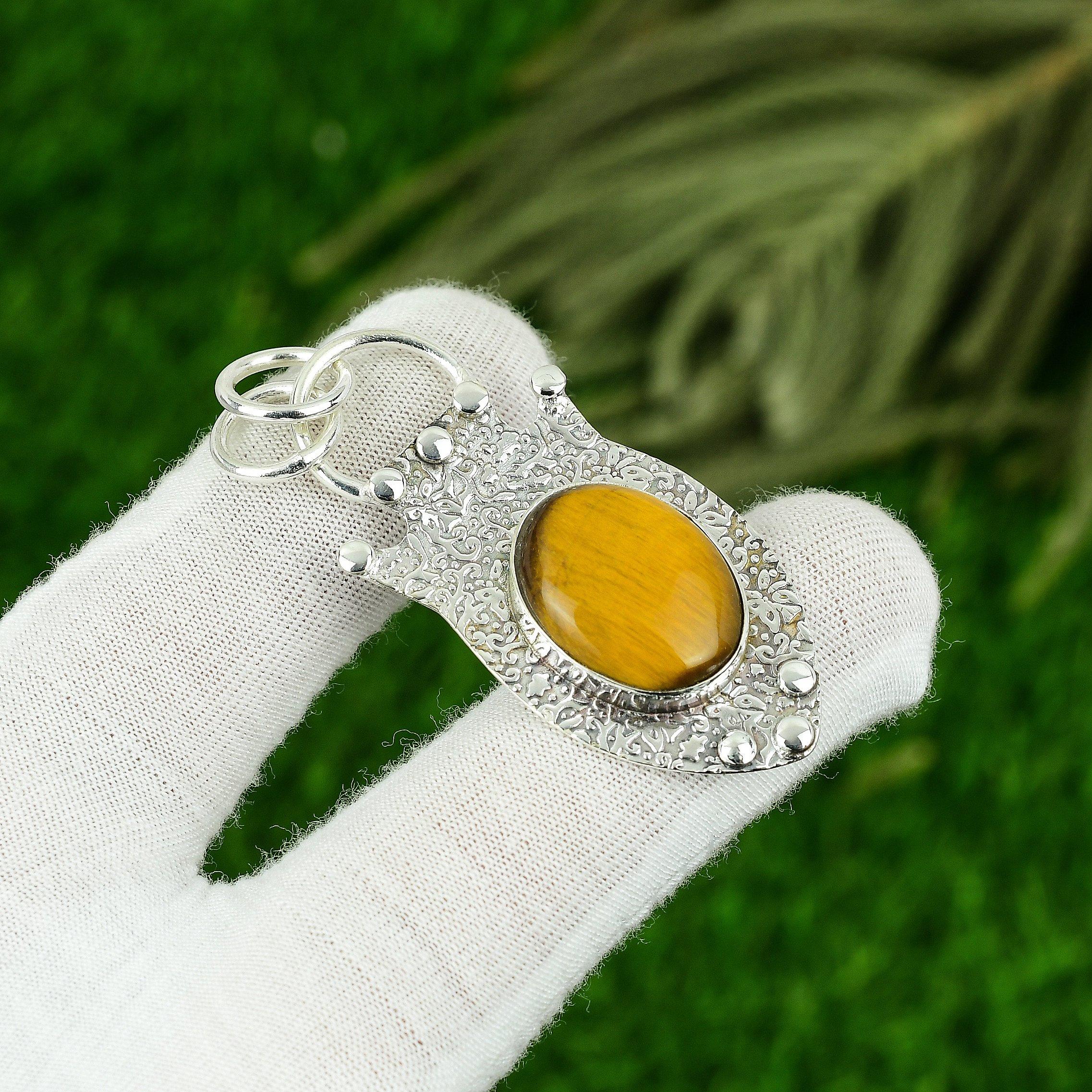 Natural Tiger Eye Gemstone Pendant Handmade 925 Sterling Silver Indian Jewelry