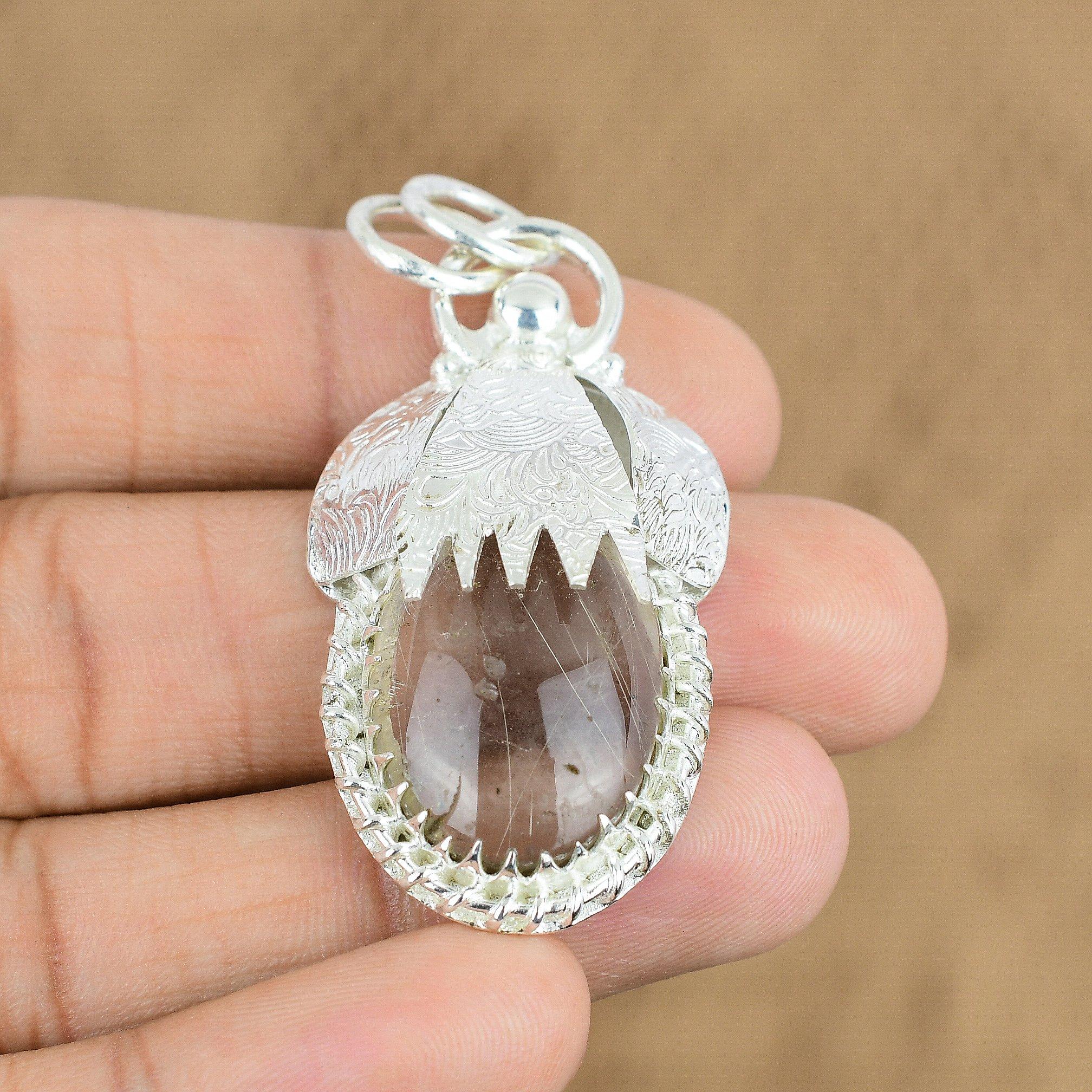 Birthday Gift For Her Natural Golden Rutile Gemstone Pendant 925 Sterling Silver