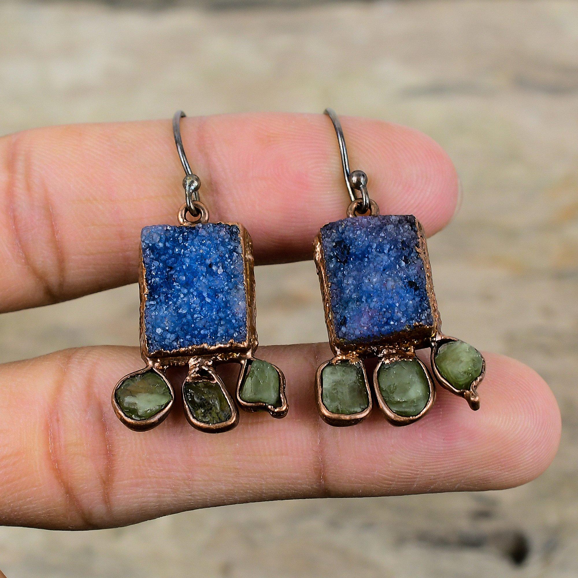 Blue Druzy Gemstone Earring Electroformed Copper Earrings Green Tourmaline Rough Earring Electroformed Jewelry Gift For Her Handmade Earring
