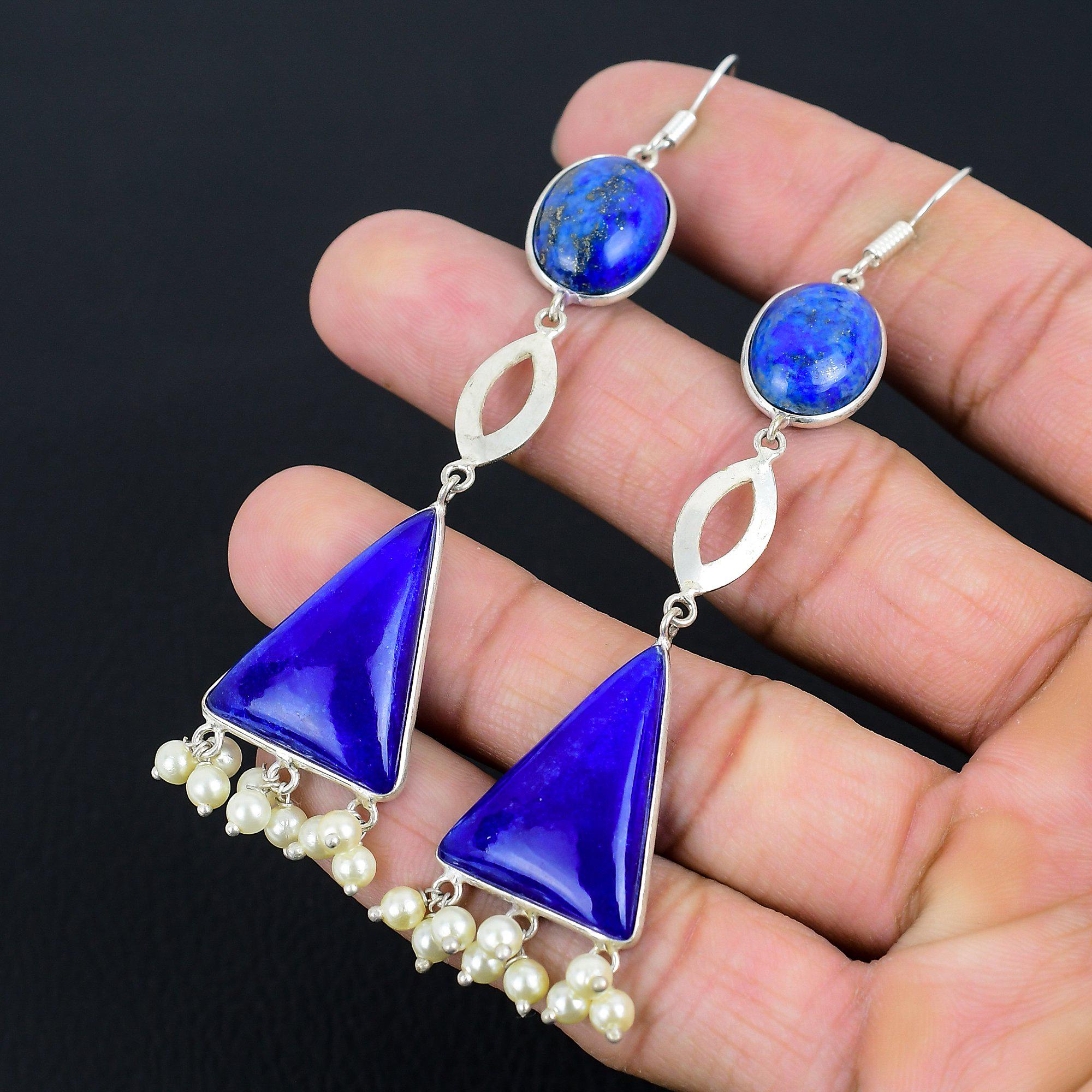 Orecchini Pendenti Anniversario in Argento 925 con Pietra Preziosa Ovale di Lapislazzuli Gioielli
