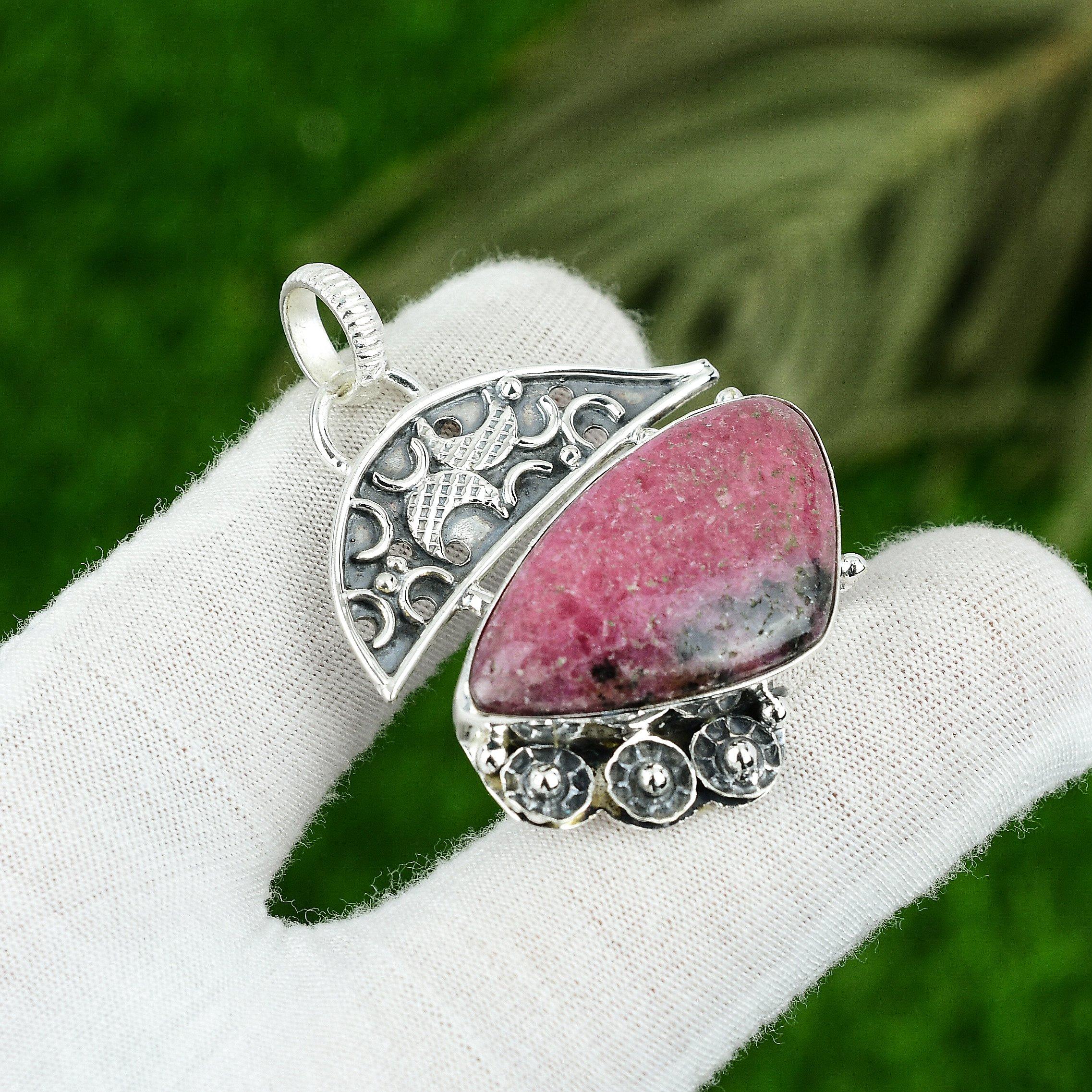 Natural Rhodonite Gemstone Pendant Pink 925 Sterling Silver Indian Jewelry