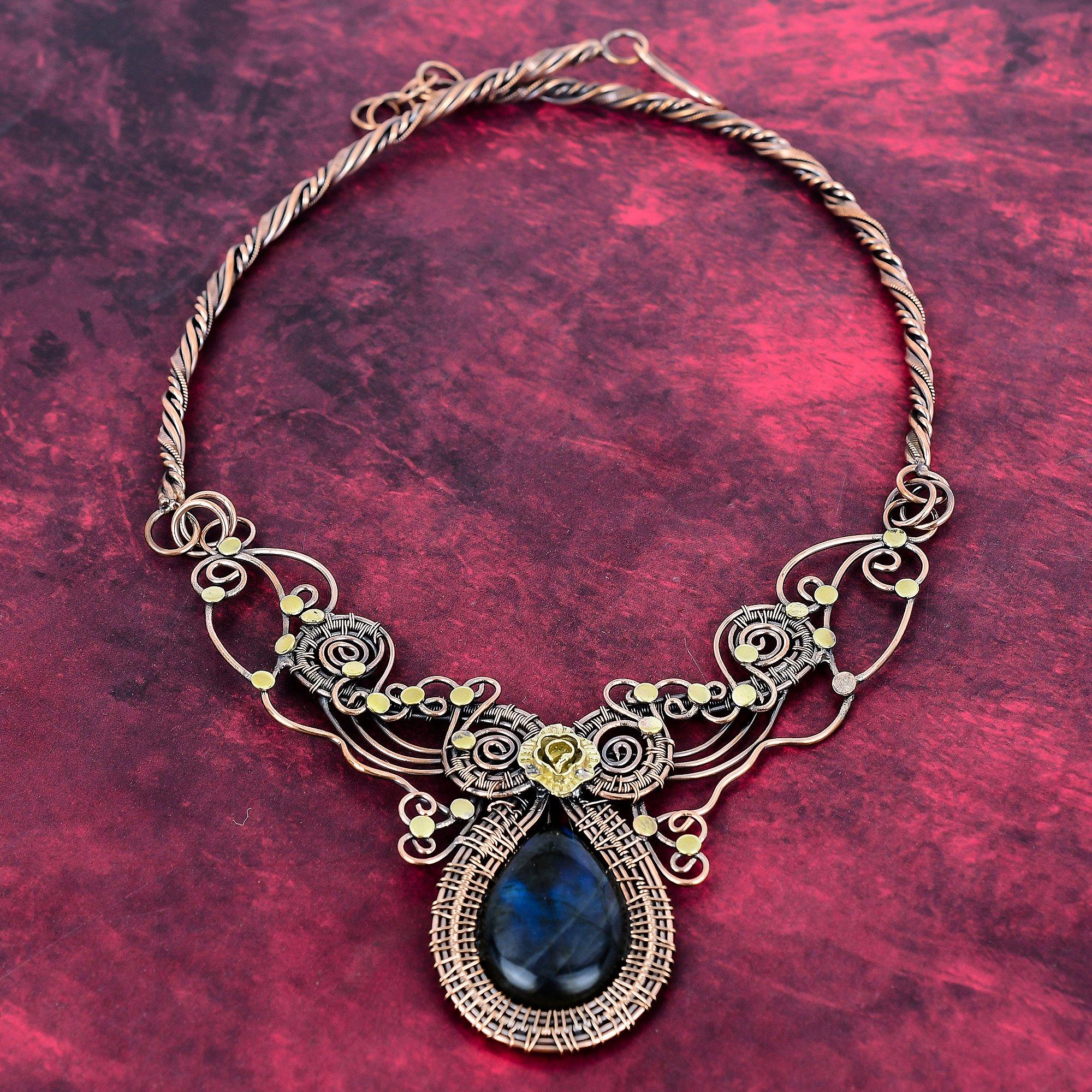 Labradorite Gemstone Necklace Copper Wire Wrapped Jewelry Adjustable Necklace
