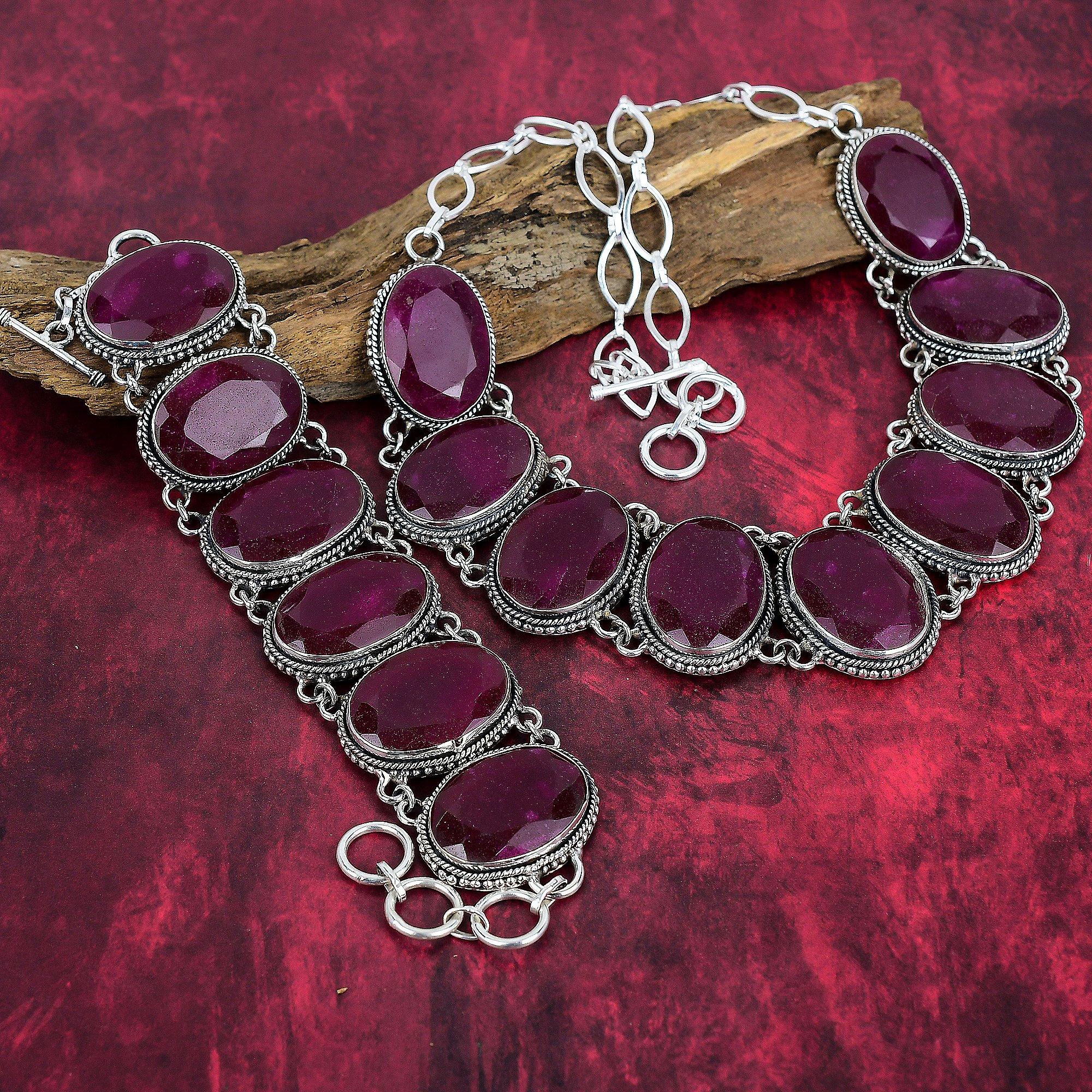 Kashmirsk Rød Rubin 925 Solid Sterling Sølv Halskjede & Armbånd Smykkesett Håndlagde Smykker, Nydelig Edelsten Justerbar Kjede Smykkesett For Hende