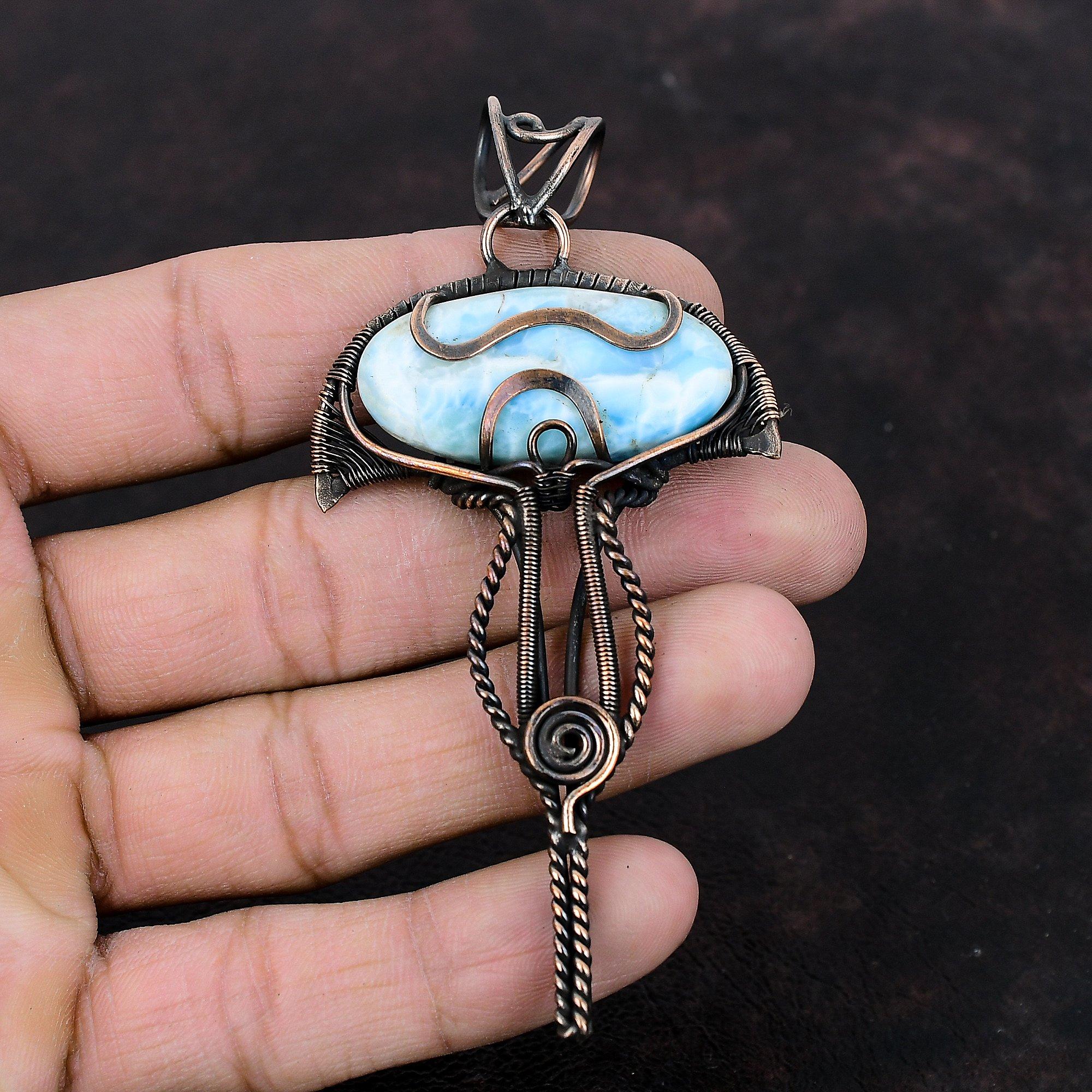 Larimar Pendant Copper Wire Wrapped Pendant Larimar Gemstone Jewelry Handmade Designer Pendant Unique Copper Wire Jewelry Engagement Gifts