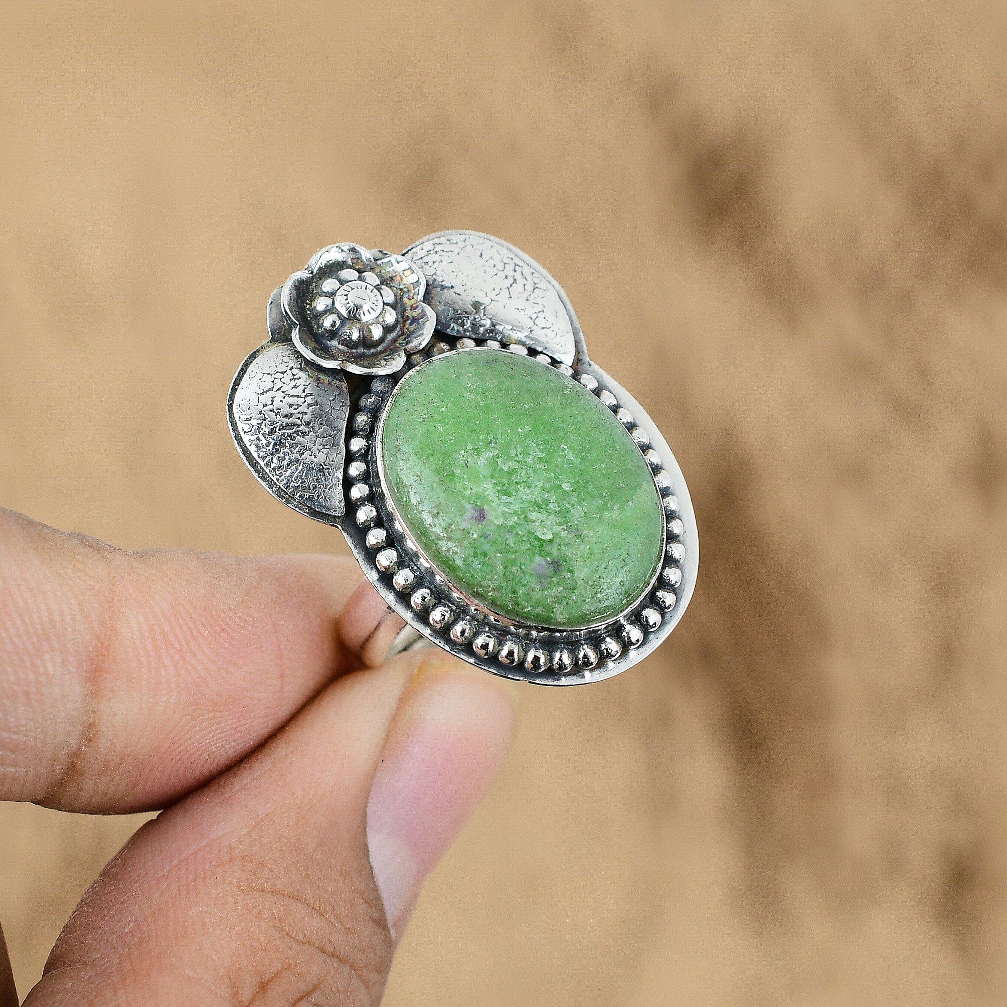 Heart Chakra Green Aventurine Stone Statement Flower Ring 925 Sterling Silver