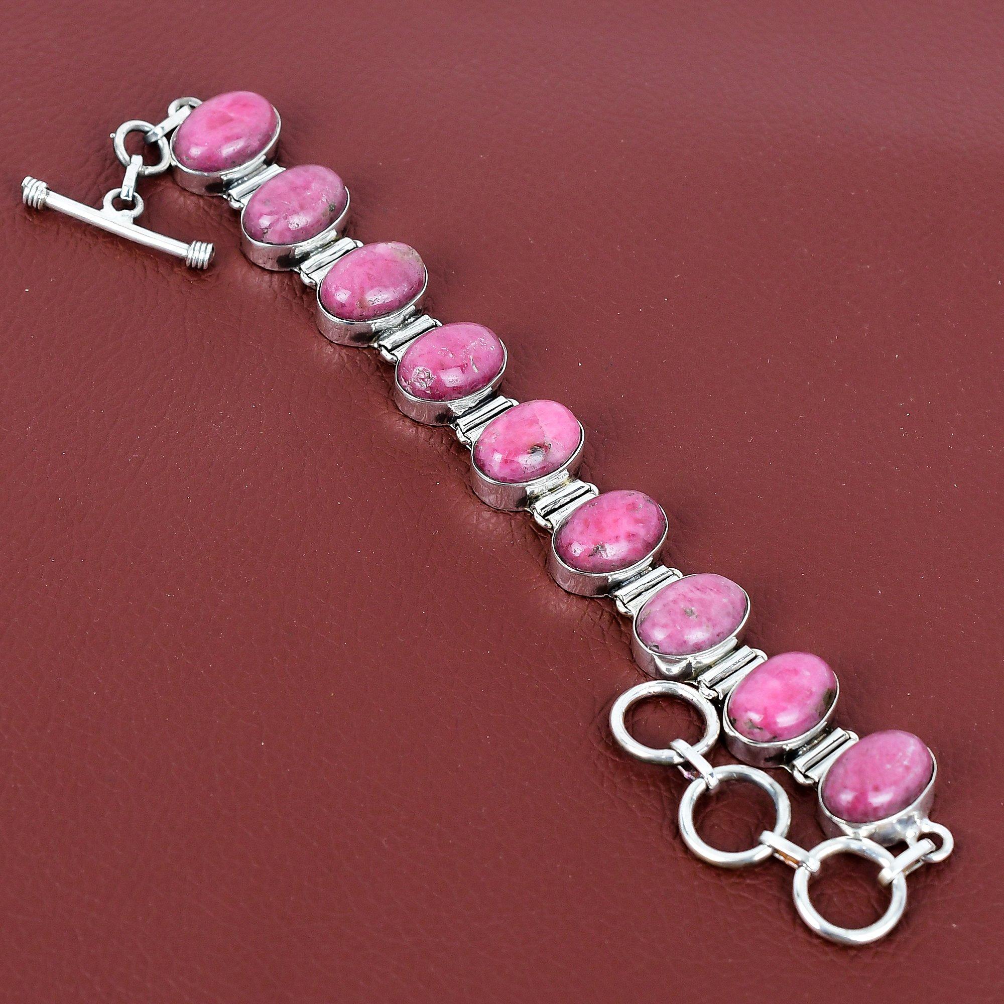 Rhodonite gemstone bracelet handmade unique design jewelry 925 sterling silver bracelet adjustable chain bracelet gifts for her boho jewelry