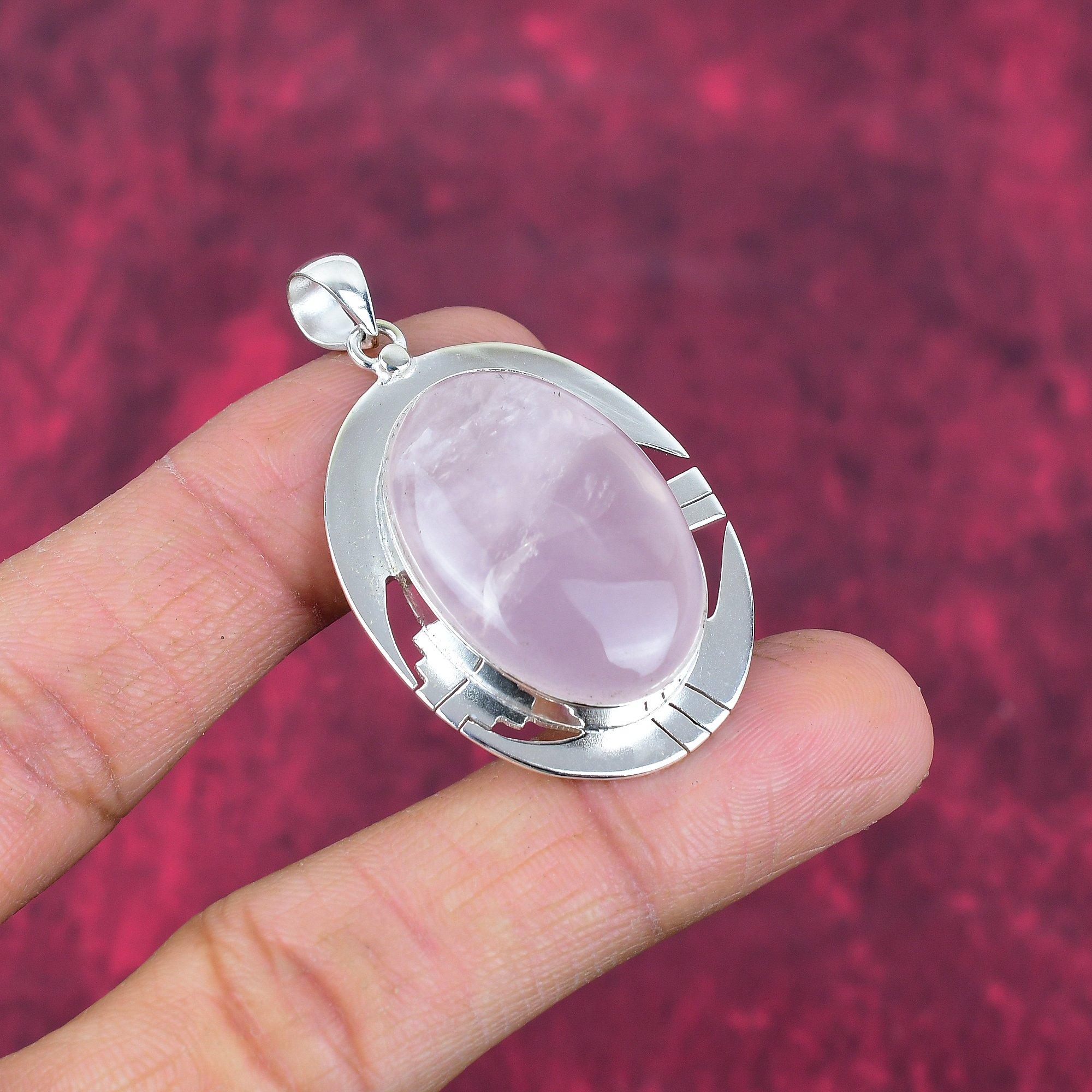 Jóias de quartzo rosa, pingente de prata esterlina sólida 925, joias artesanais com pedras preciosas, presentes para esposa, pingente novo