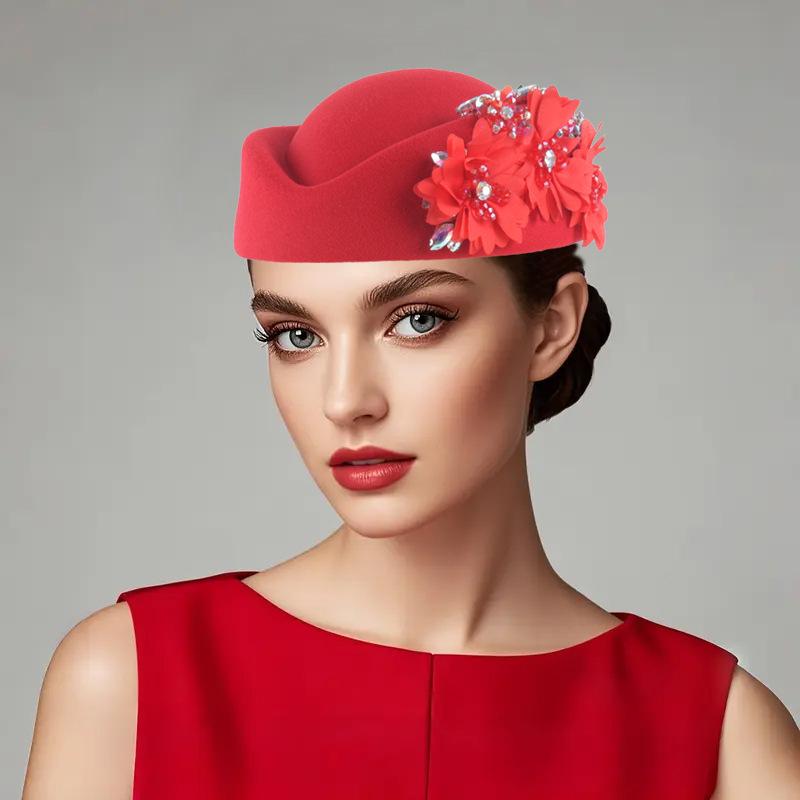 Cappello Pillbox da Donna Fiori Berretti Vintage Britannici in Feltro Cappellino per Chiesa Festa del Tè Accessorio