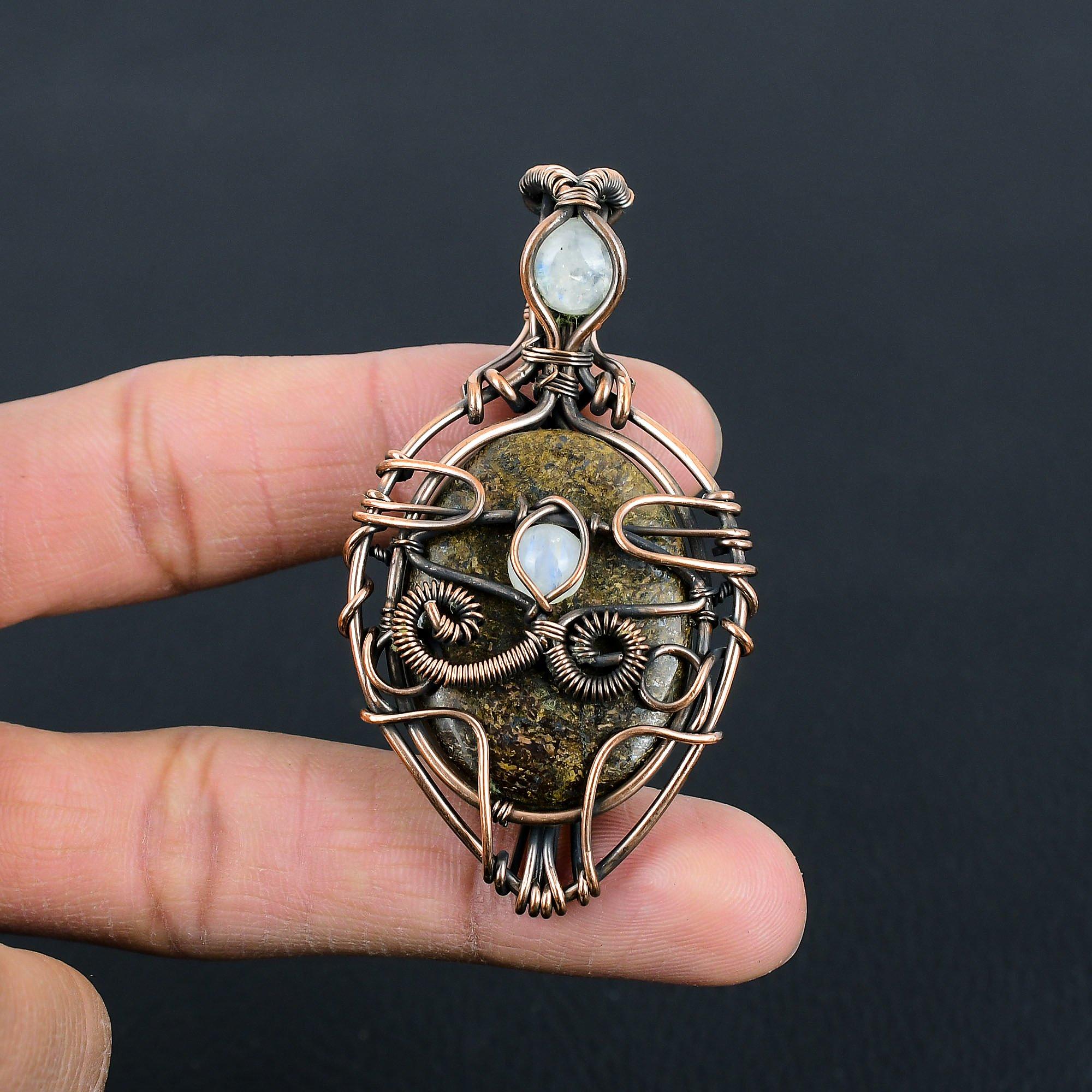 Bronzite & Moonstone Gemstone Handmade Pure Copper Wire Wrap Jewelry Pendant For Memorial Day
