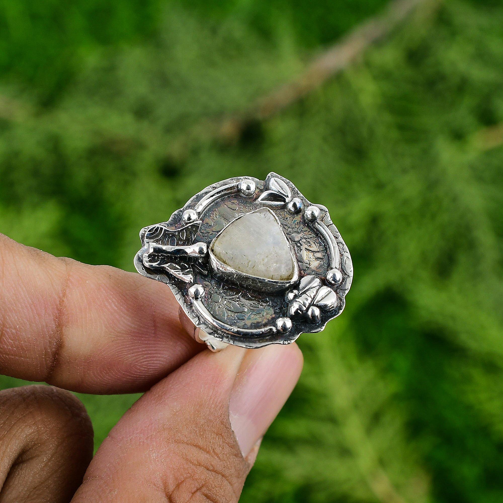925 Silver Crown Chakra Natural Rainbow Moonstone Rough Solitaire Statement Ring