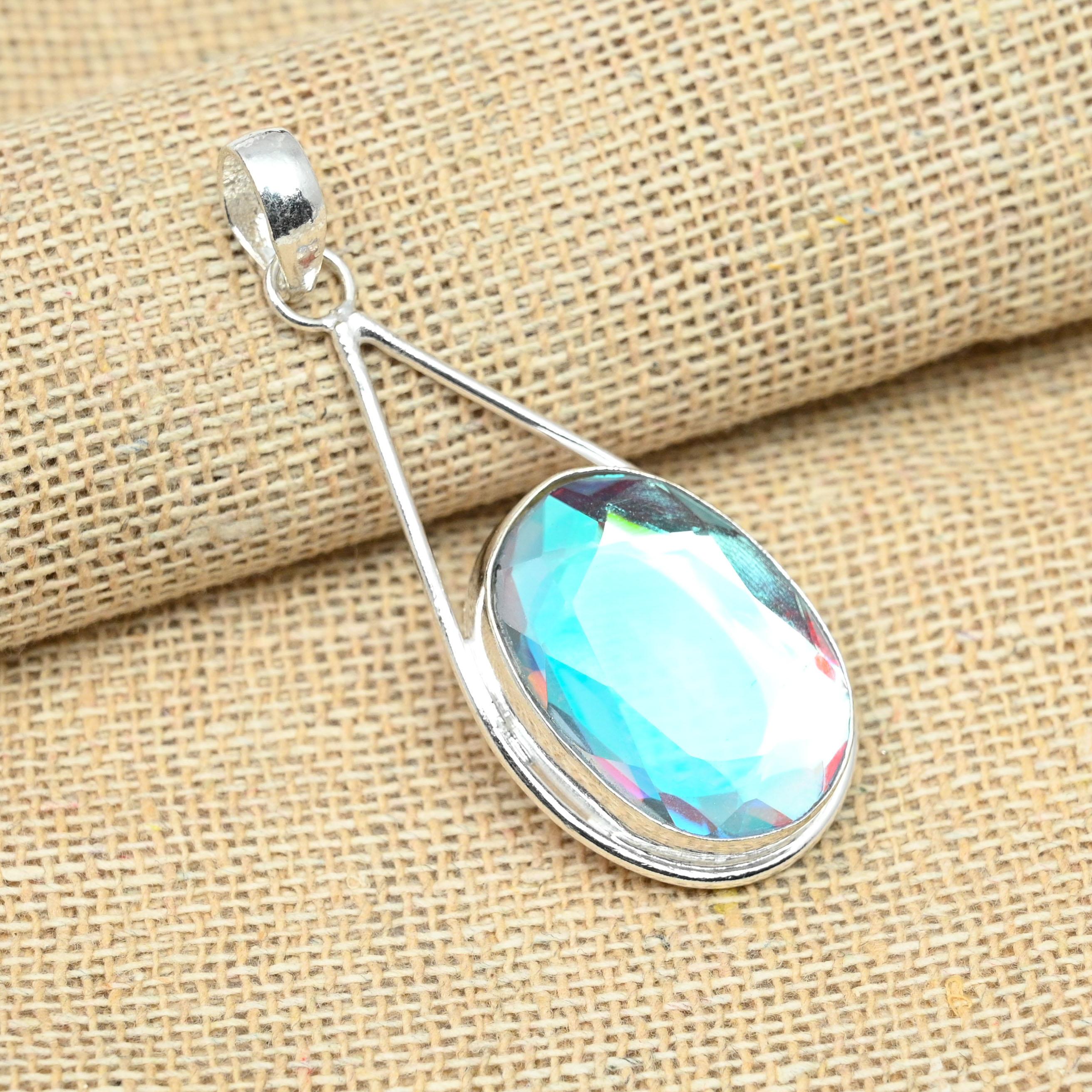 Rainbow Mystic Topaz Gemstone Solid 925 Sterling Silver Handmade Pendant Jewelry