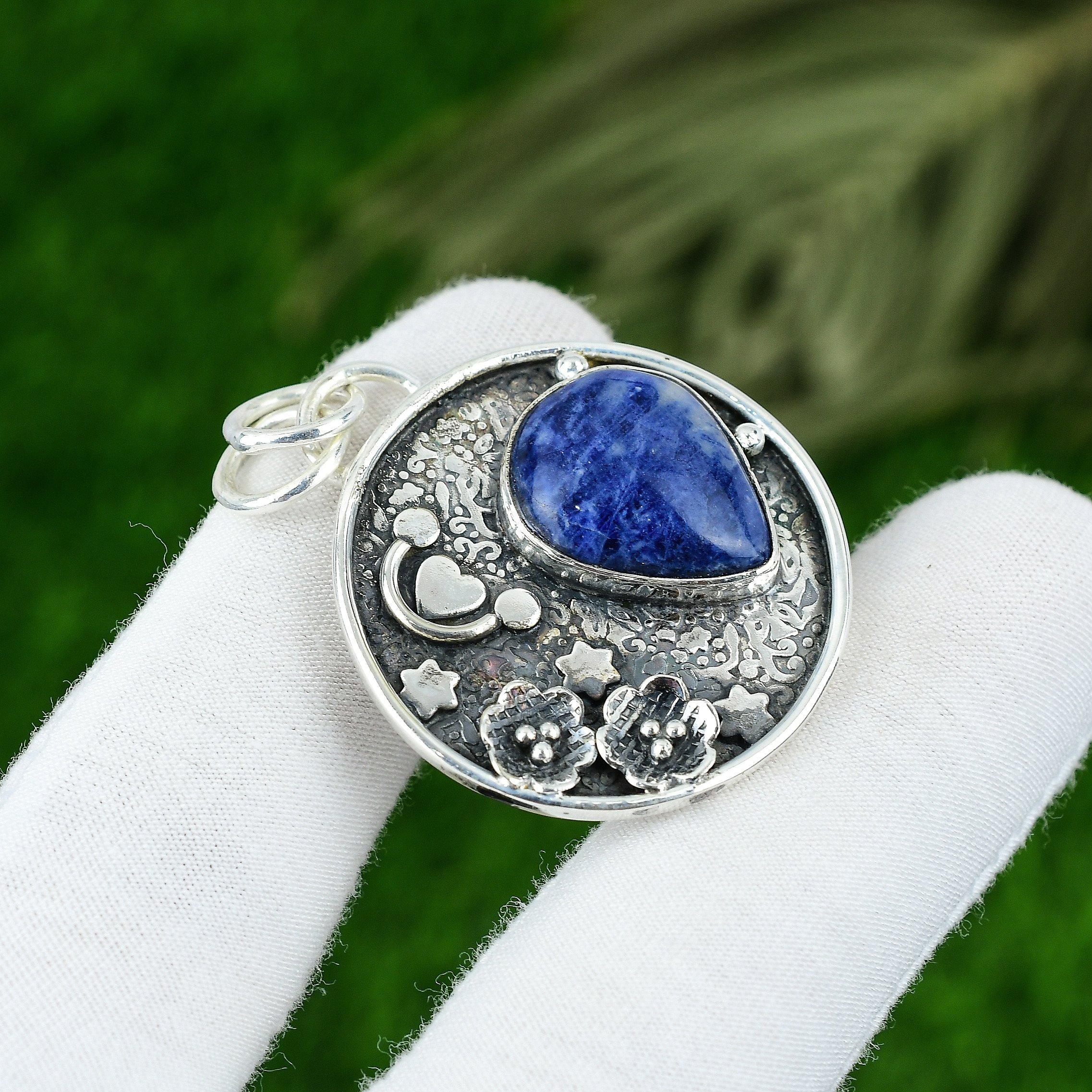 Gift For Her 925 Sterling Silver Natural Sodalite Gemstone Jewelry Pendant