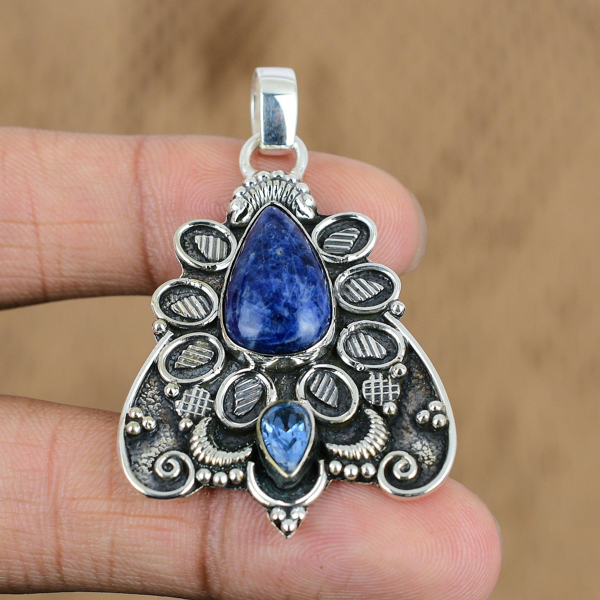 Natural Sodalite Gemstone Pendant Handmade 925 Sterling Silver Indian Jewelry