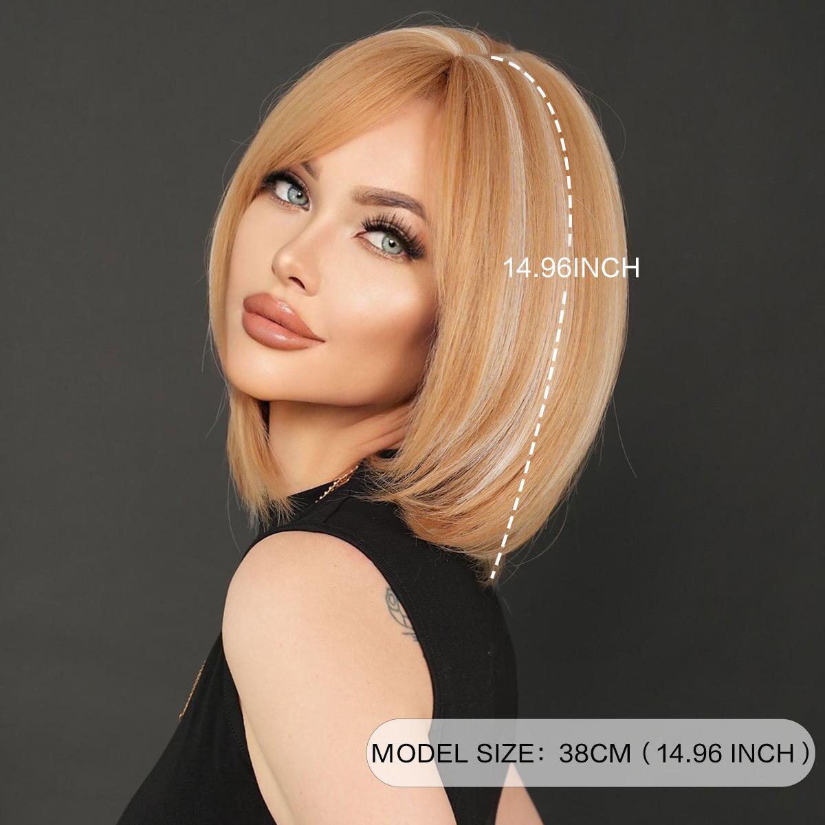 Golden Blonde Bob Wig with Silver Balayage - Heat Resistant 14" Short Straight Synthetic Hairpiece, Side-Swept Bangs for Daily & Party