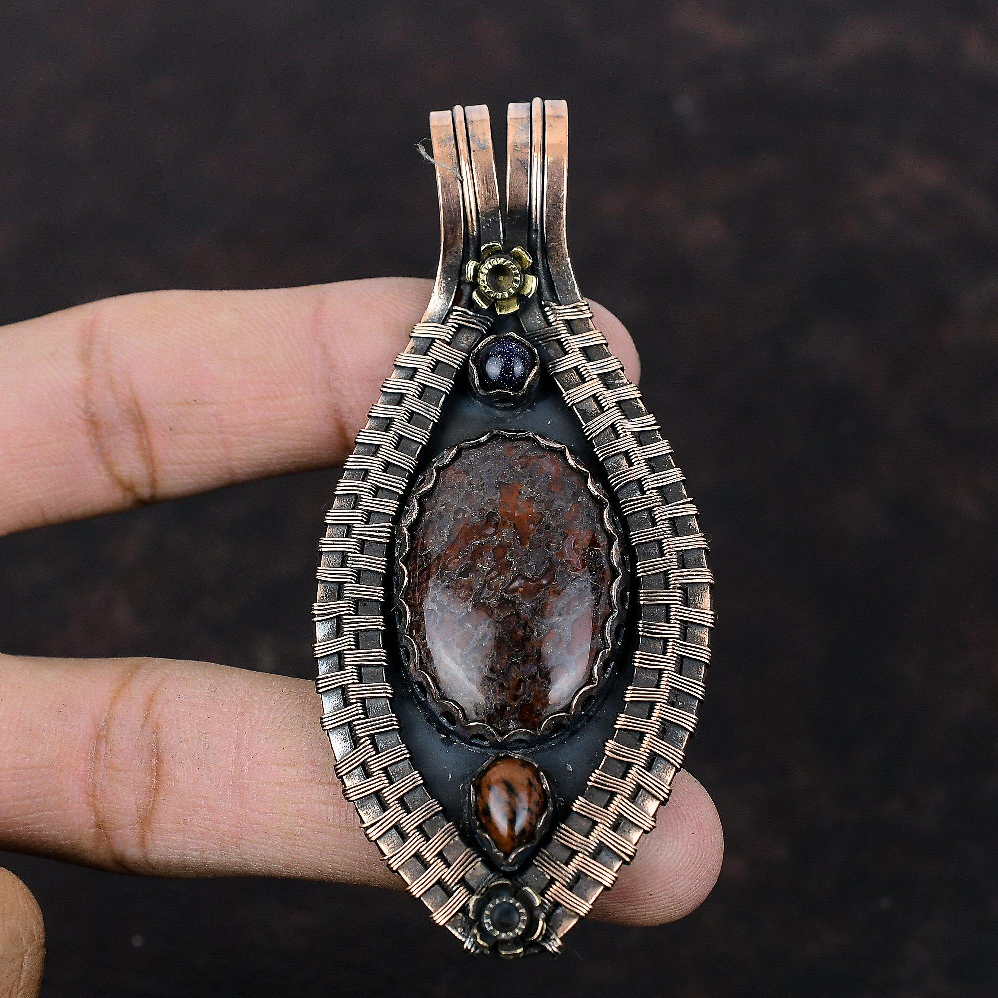 Dinosaur Bone Pendant Copper Wire Wrapped Pendant Mahogany Obsidian & Blue Sunstone Pendant Handmade Jewelry Gemstone Pendant Gift For Him