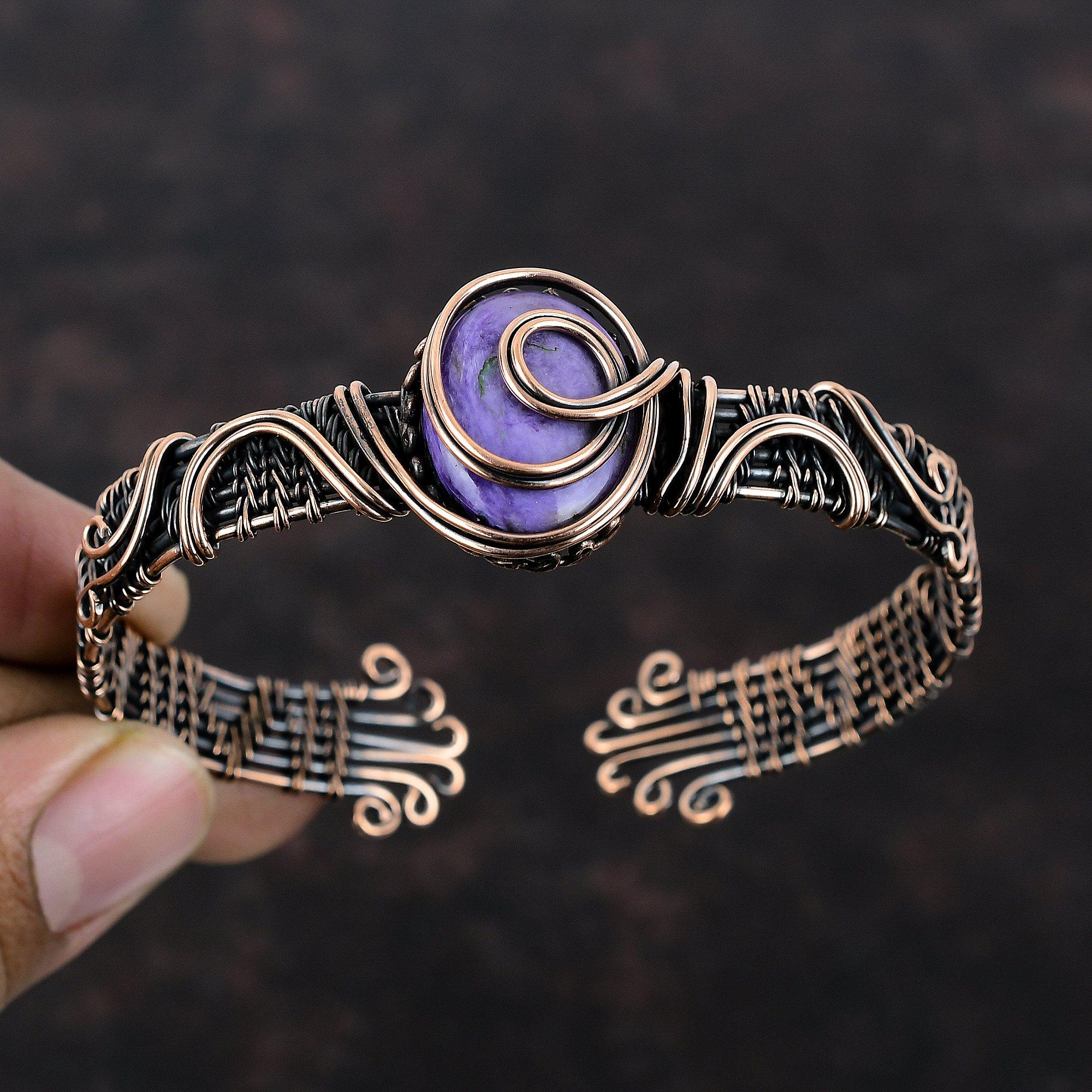 Charoite Cuff Bracelet Gemstone Bangle Copper Wire Wrapped Bracelet Handmade Jewelry Adjustable Bangle Copper Jewelry For Gift Designer Cuff