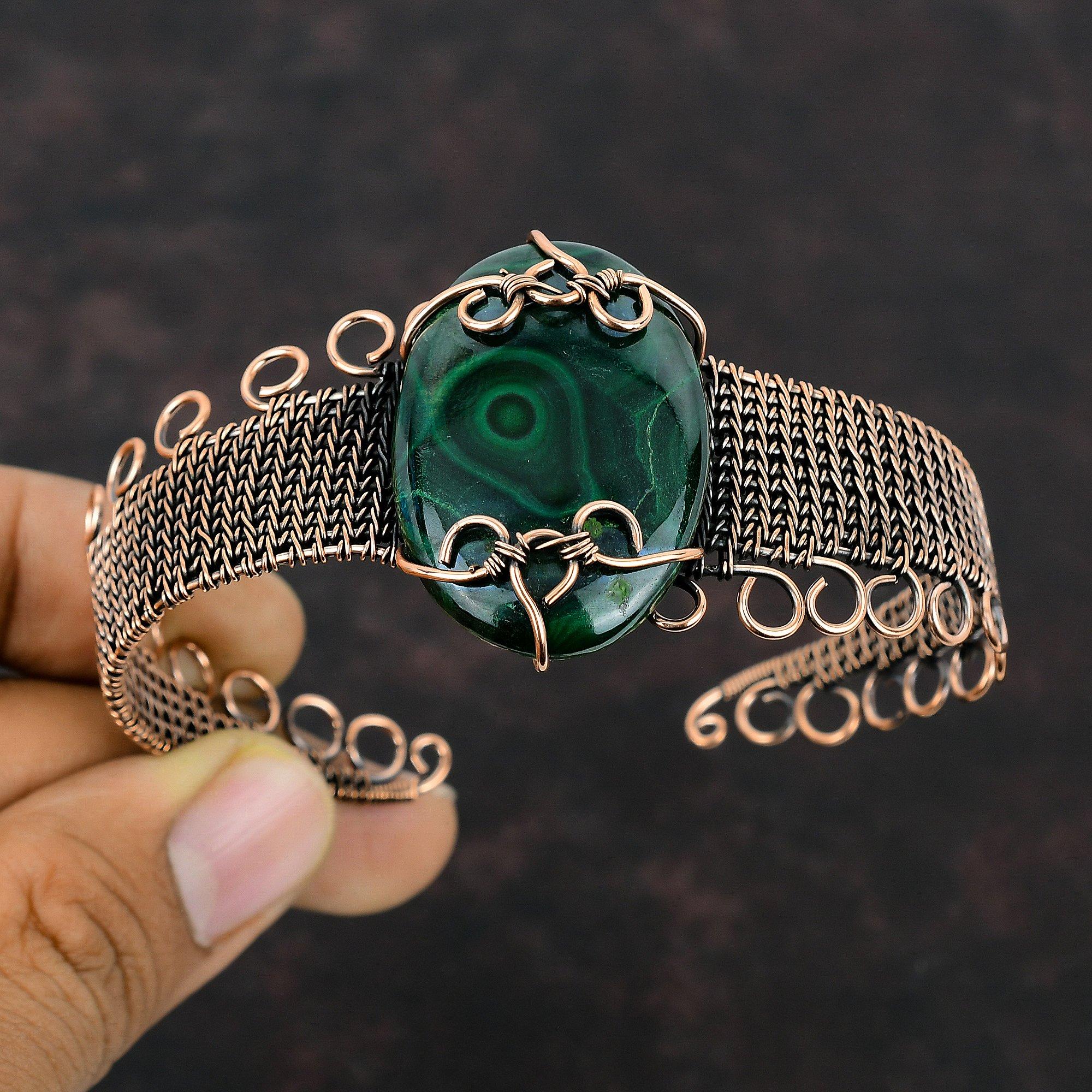 Malachite Cuff Bracelet Copper Wire Wrapped Adjustable Bangle Handmade Jewelry Gemstone Cuff Bracelet Copper Wire Wrap Jewelry Gift For Her