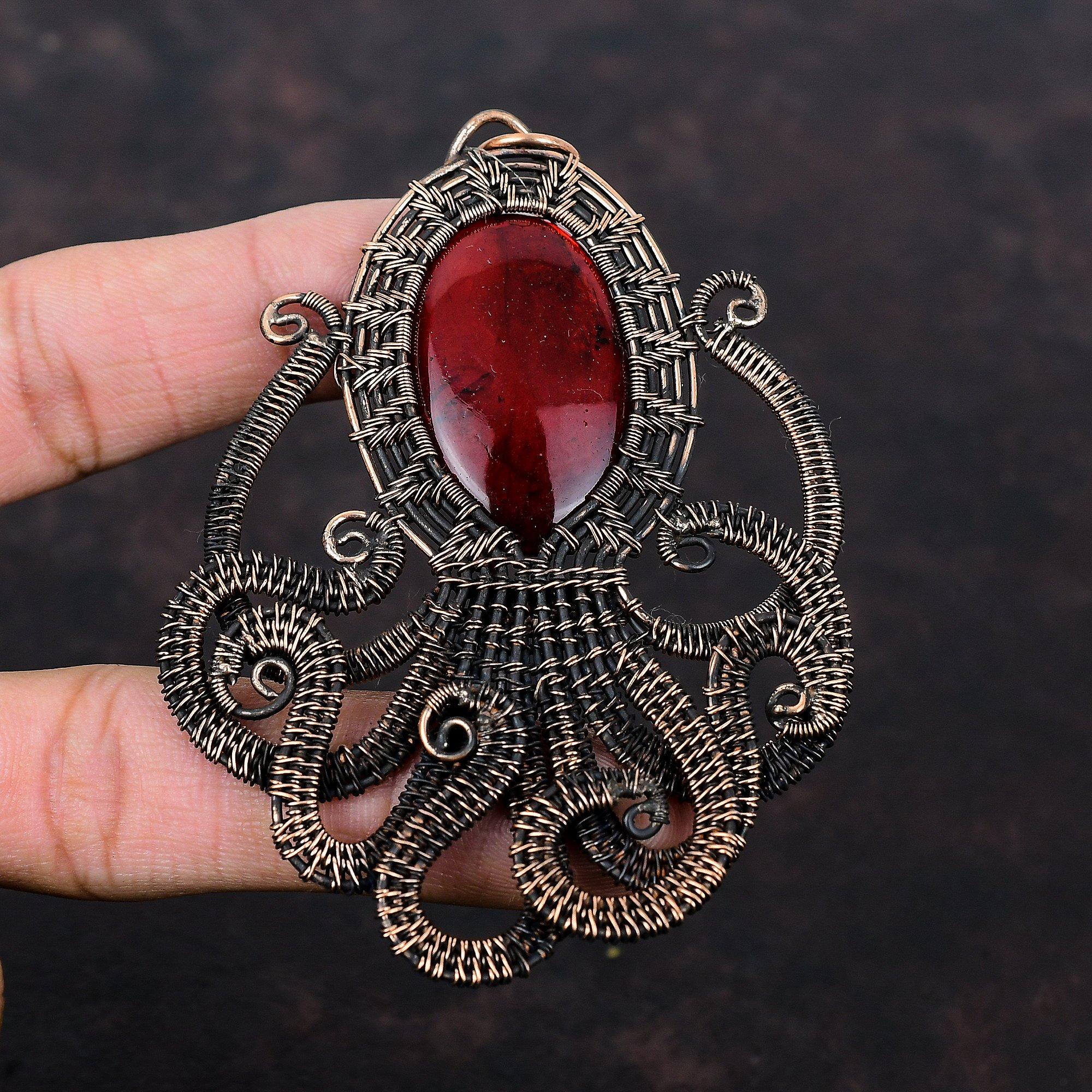 Red Fire Labradorite Pendant Copper Wire Wrapped Gemstone Jewelry Wire Wrapped Pendant Handmade Jewelry Gift For Her Copper Octopus Pendant