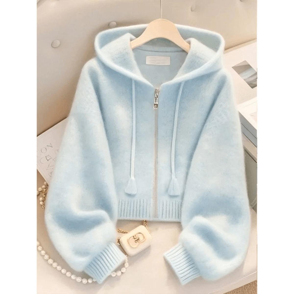 Women's Zipper Hooded Cardigan - Casual Fashion Long Sleeve Cardigan with Ribbed Detail Design, Trendy Pullover