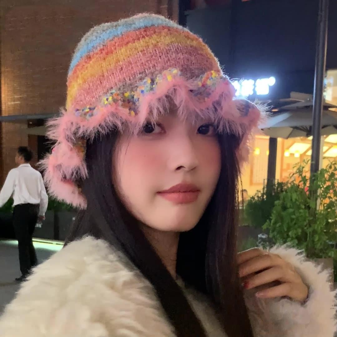 Women Autumn Winter Warm Thicken Ear Protector Hat Cold Velvet Fisherman Hats Sweet Cute Colorful Dopamine Knitted Bucket Cap