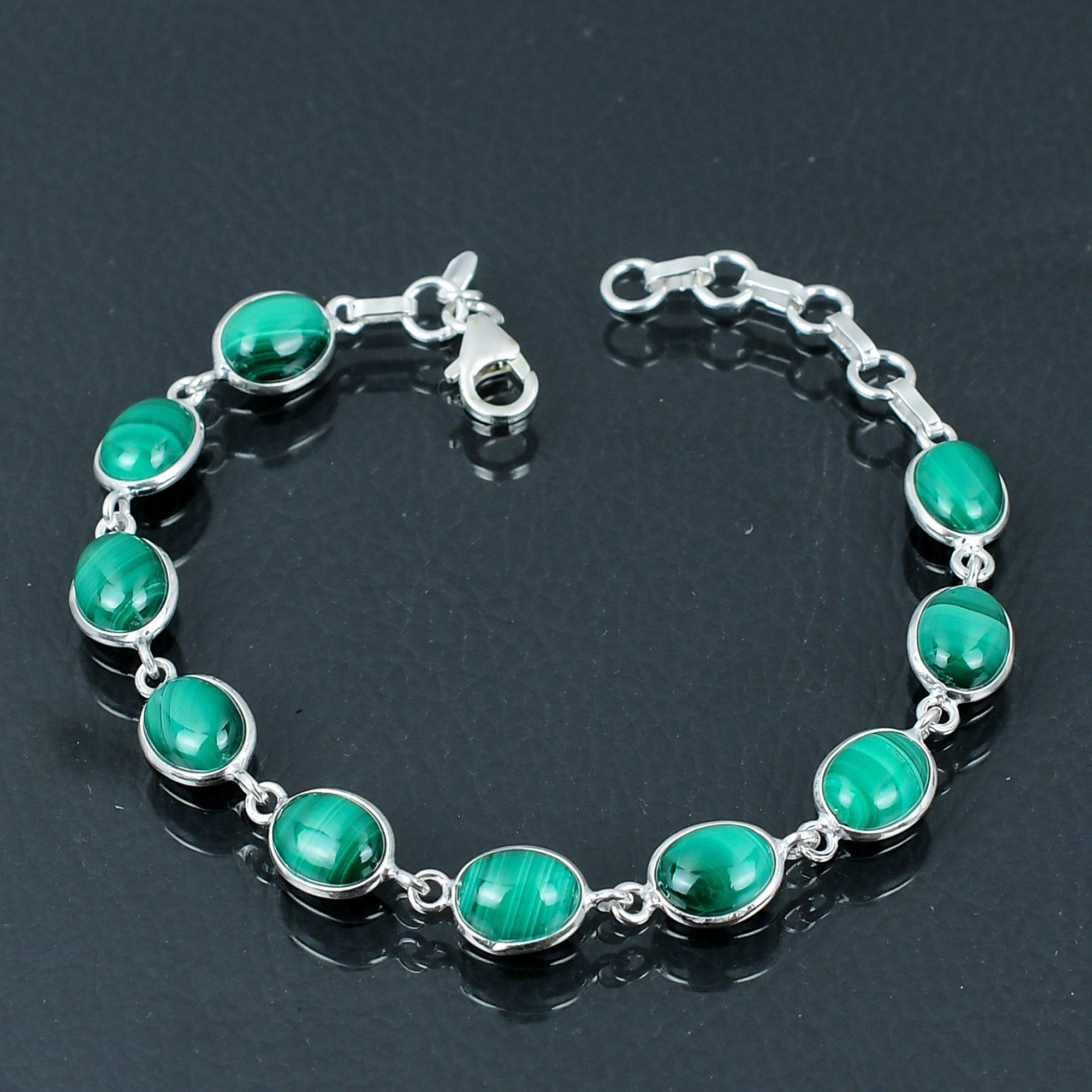 Brățară din piatră prețioasă din malachit natural, argint 925, brățară cu link de 7 inch până la 8 inch, brățară lucrată manual, cadou de bijuterii pentru Ziua Îndrăgostiților