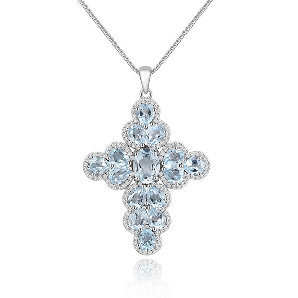 S925 Silver Pendant Necklace,cross Deisgn with Natural Real Gemstone Sky Blue Topaz Fine Jewelry Elegant and Noble Female Gift