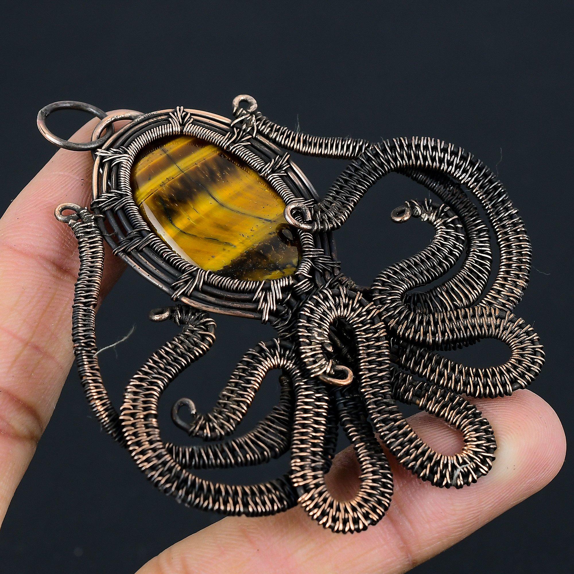 Octopus Shape Tiger Eye Gemstone Pure Copper Wire Wrapped Handmade Jewelry Pendant For Gift