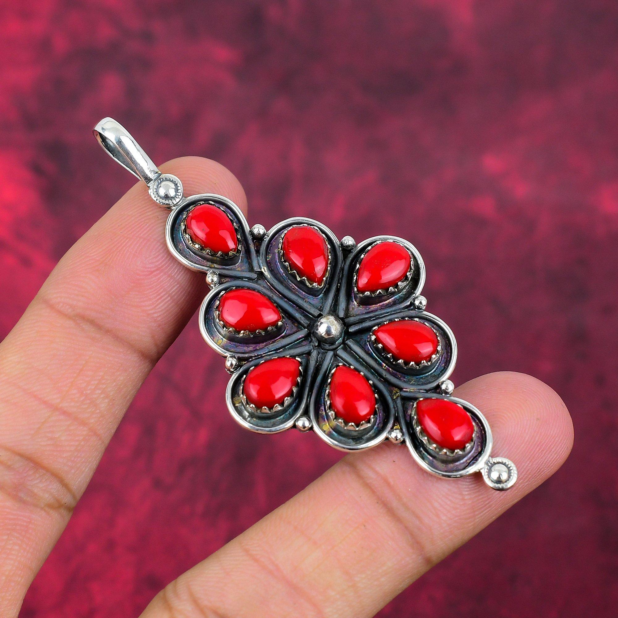 Pendentif en corail rouge fait à la main, pendentif en argent sterling massif 925, bijoux anciens, pour cadeau de fiançailles