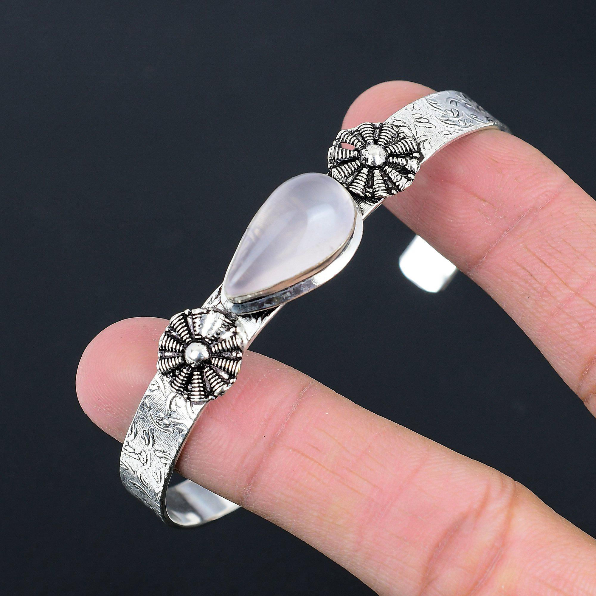 Mothers day Deal 925 Silver Heart Chakra Rose Quartz Gemstone Handcrafted Bangle