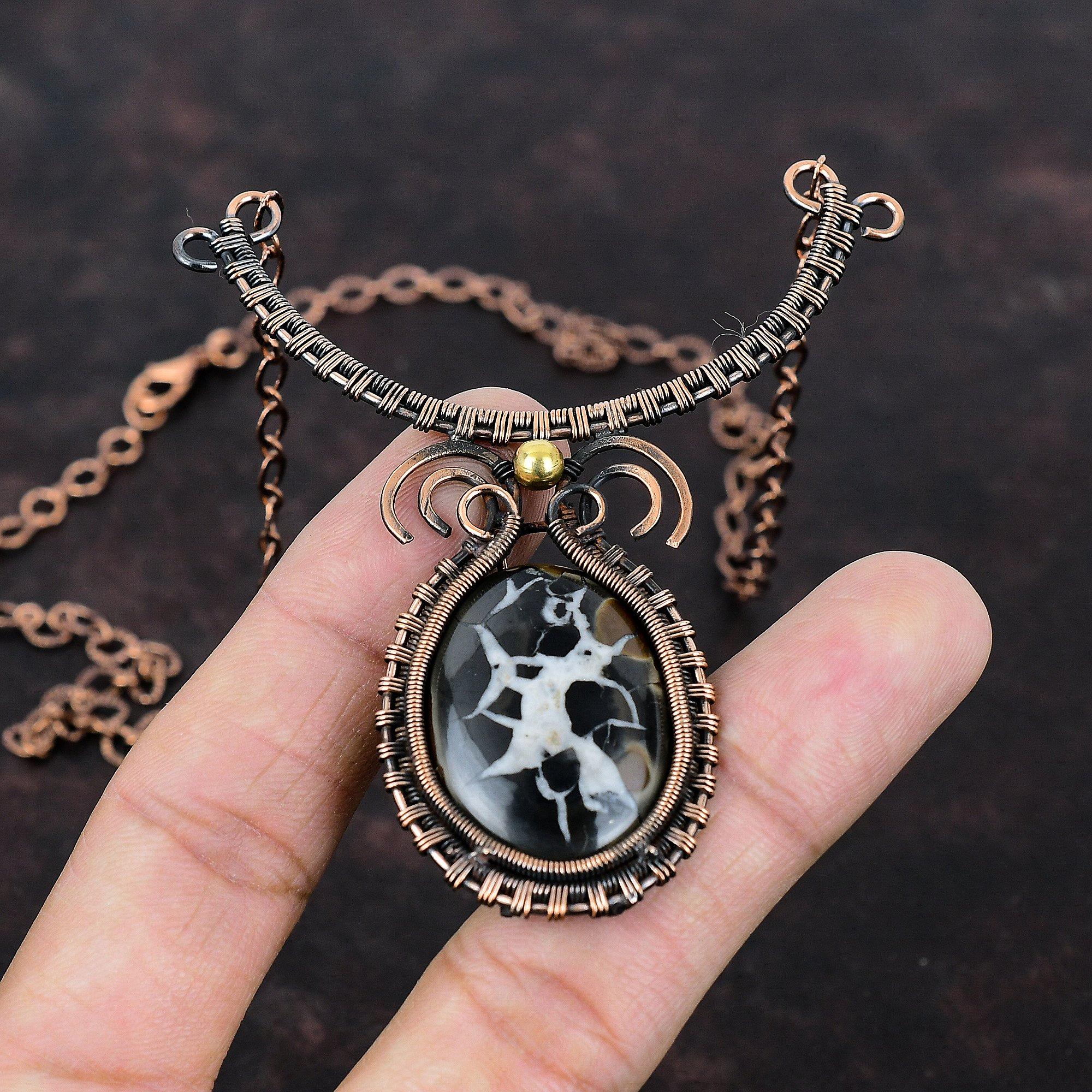Moroccan Mud Crack Fossil Necklace Copper Wire Wrapped Necklace Handmade Designer Necklace Copper Wire Jewelry Gemstone Adjustable Necklace