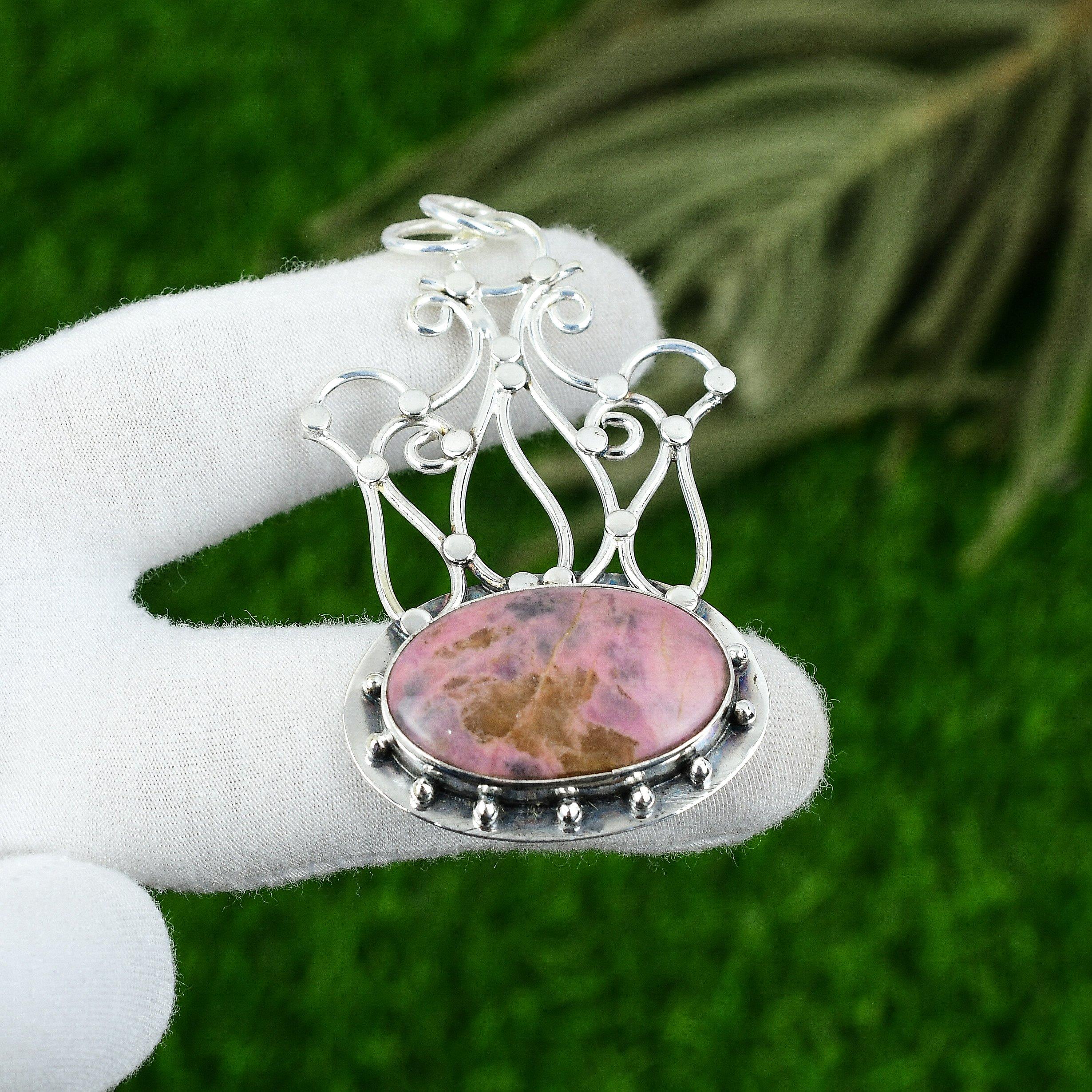 Birthday Gift For Her Natural Rhodonite Gemstone Pendant 925 Sterling Silver