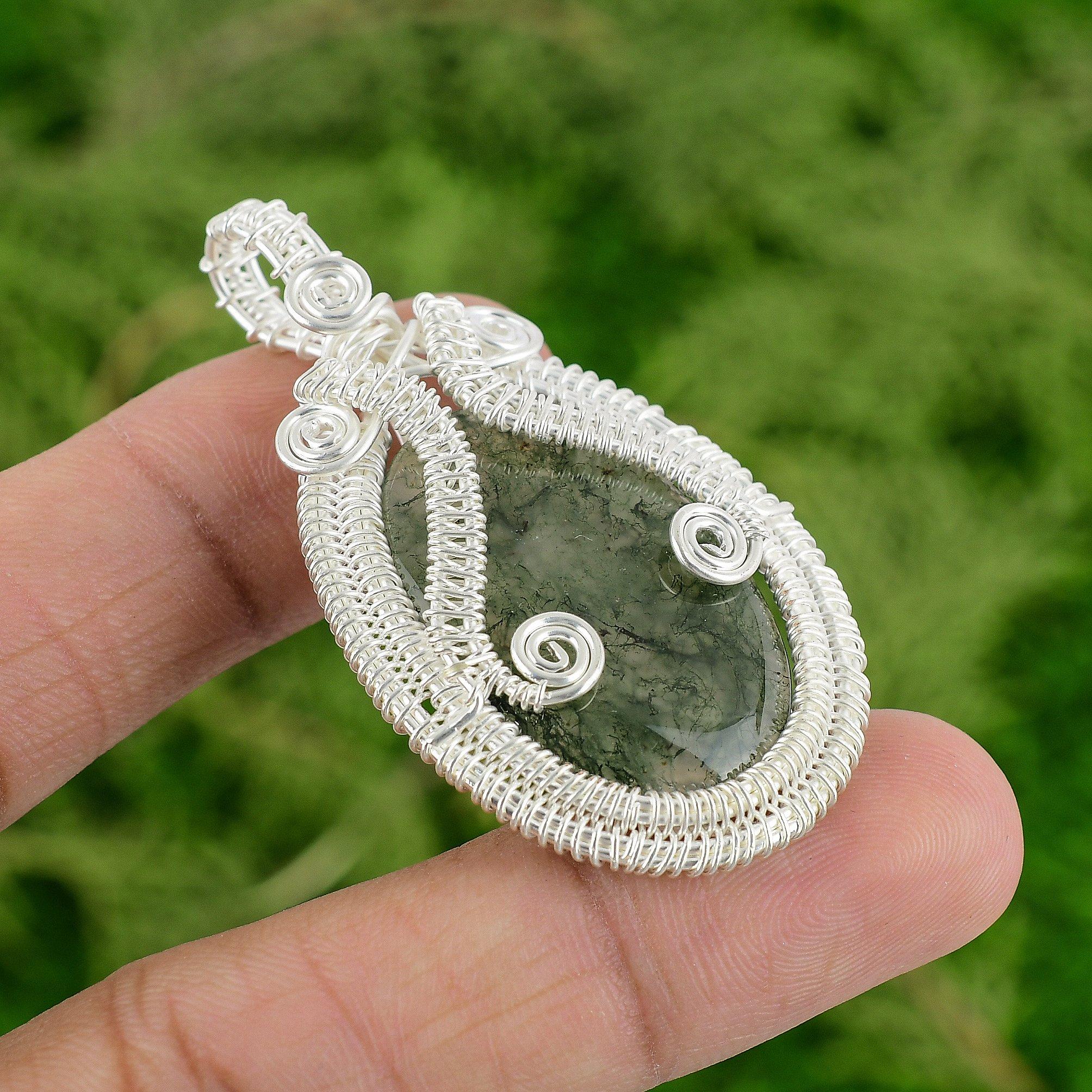 Daughters Day Deal 925 Silver Solar Moss Agate Gemstone Wire Wrapped New Pendant