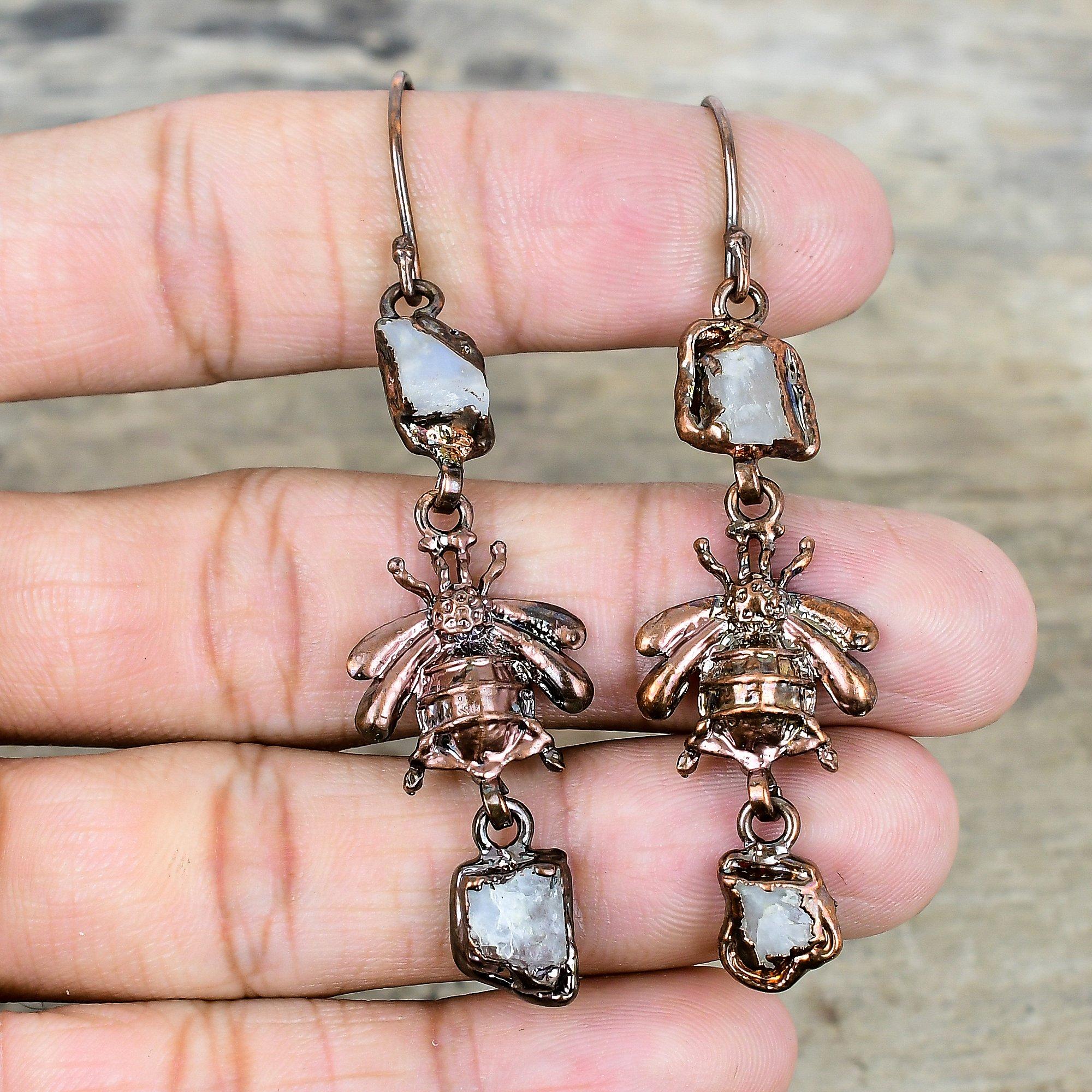 Rainbow moonstone rough earring electroformed copper earrings real gemstone earring handmade copper jewelry honey bee earrings gifts for her