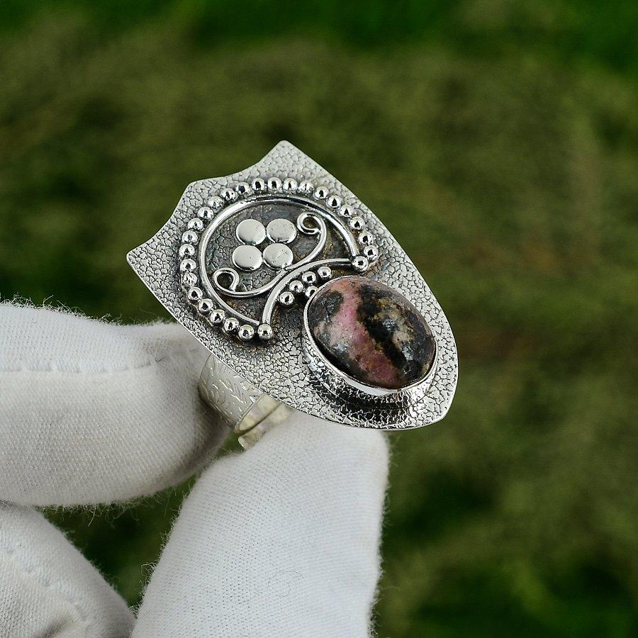 Mothers Day Sale 925 Silver Rhodonite Gemstone Statement Solitaire Birthday Ring