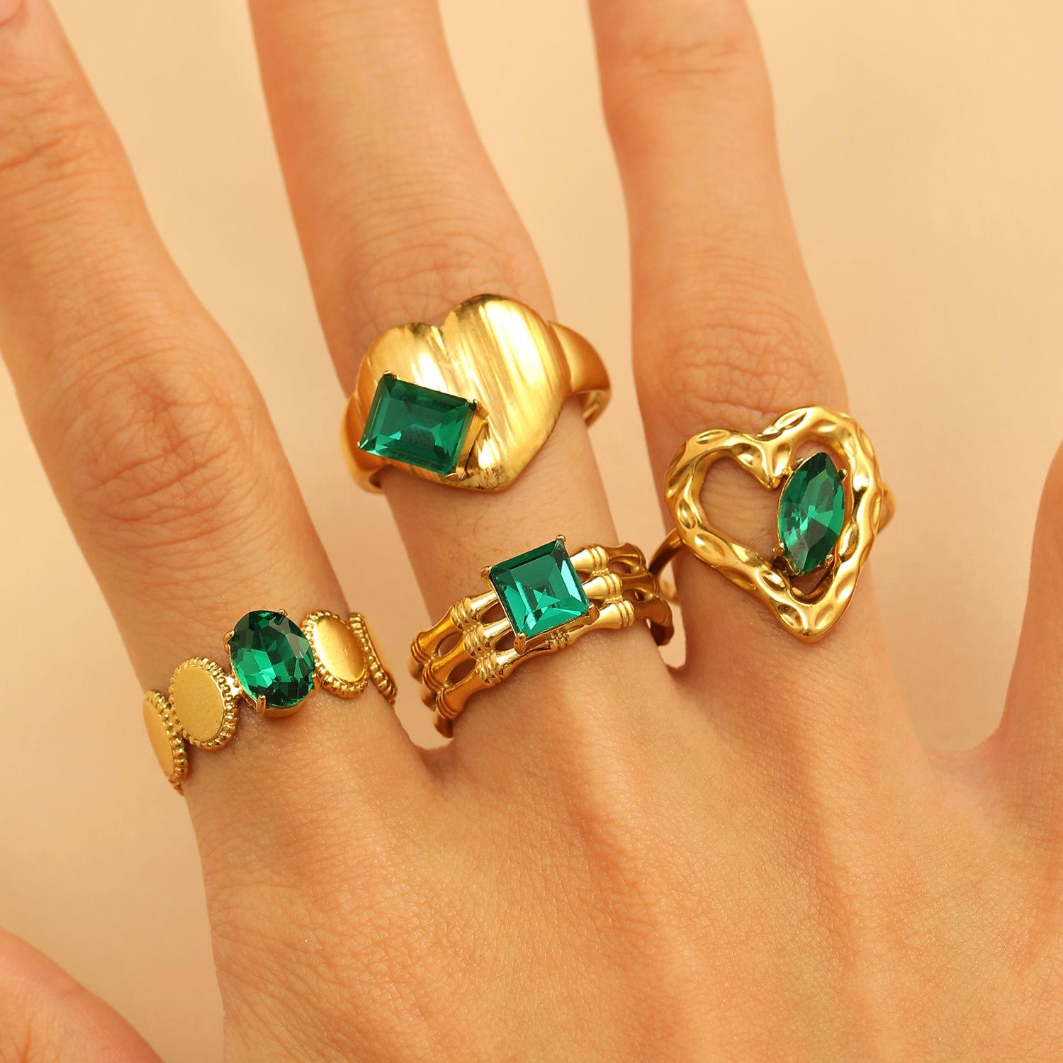 Fashion Versatile Inlaid Green Imitation Zircon Stainless Steel Ring For Women