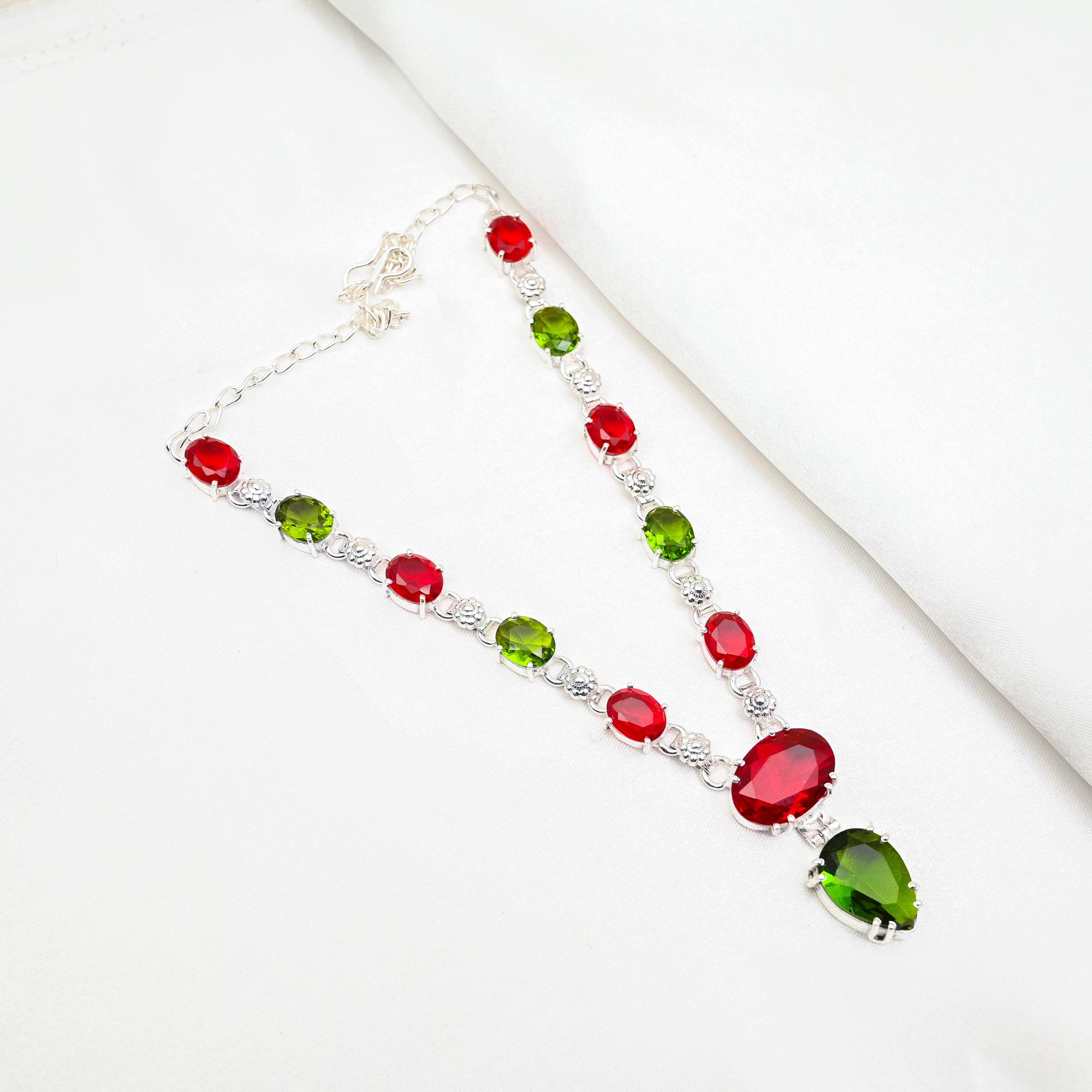 Red Garnet, Peridot Jewelry, 925 Solid Sterling Silver Necklace, Handmade Gemstone Jewelry Necklace For Memorial Day
