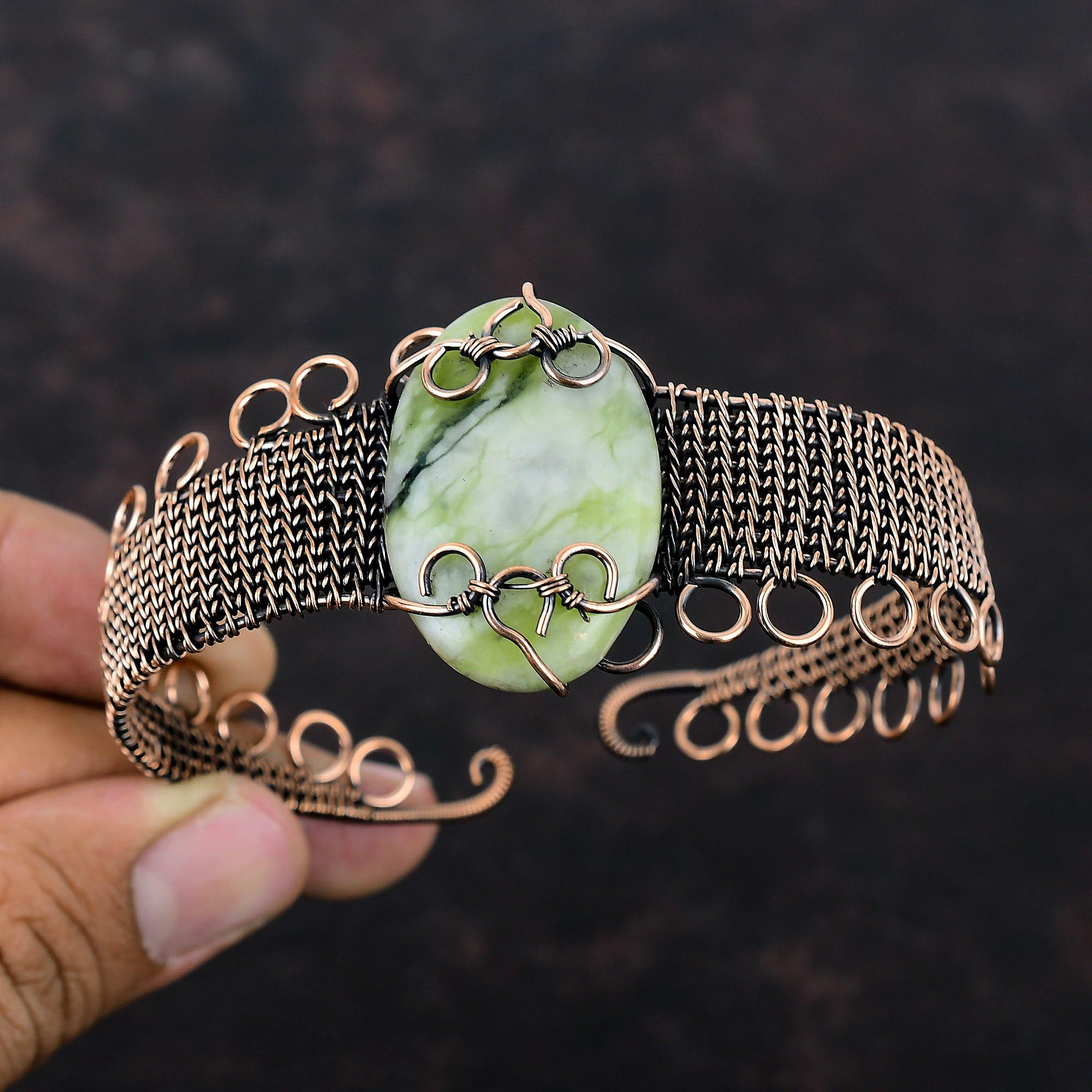 Green Aragonite Copper Bangle Copper Wire Wrapped Gemstone Jewelry Adjustable Cuff Handmade Jewelry Wire Wrapped Cuff Bracelet Gift For Her