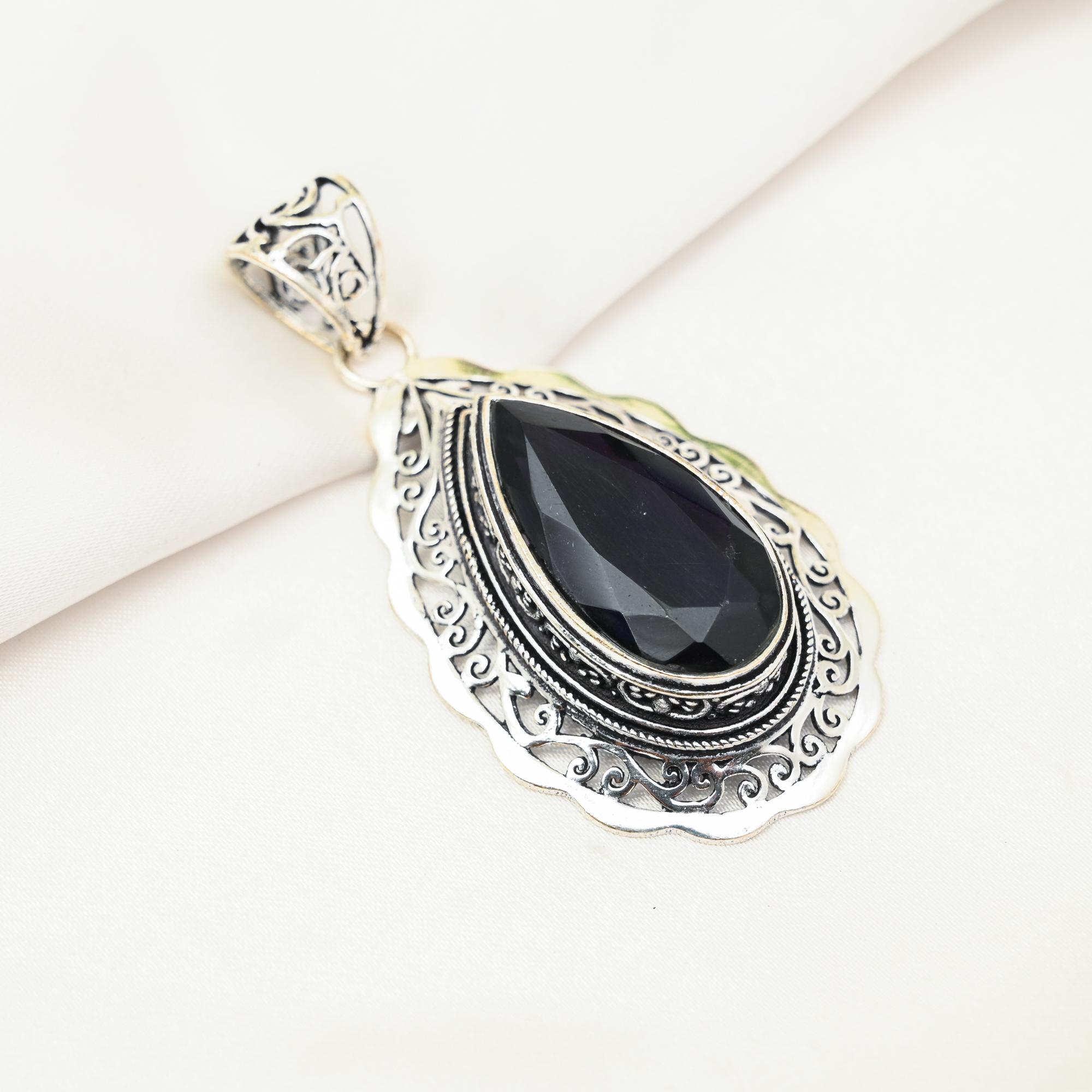 Svart spinel anheng, 925 massivt sterlingsølv anheng håndlaget edelstensmykke, gaver til kone splitter nytt anheng