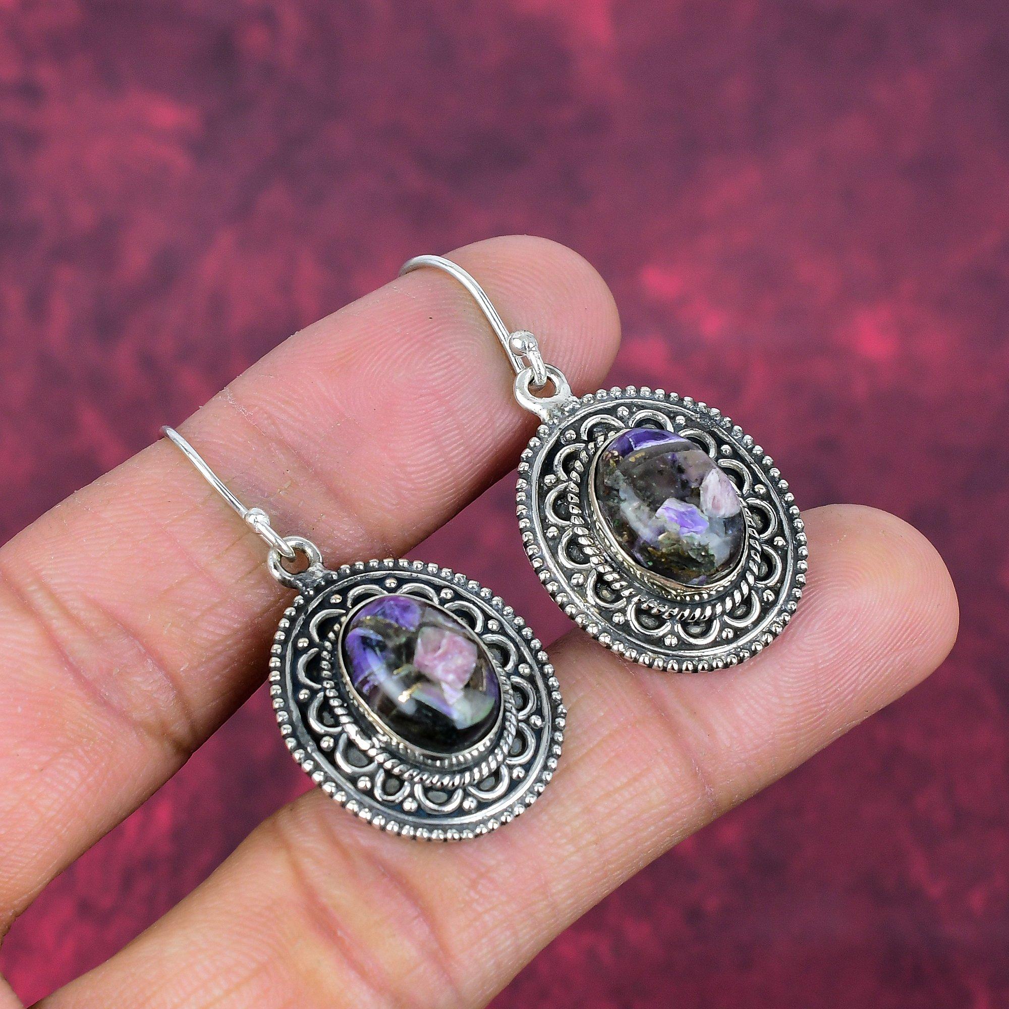 Copper Charoite 925 Solid Sterling Silver Earrings, Handmade Gemstone Earrings Jewelry, Gifts For Wife Brand New Earrings