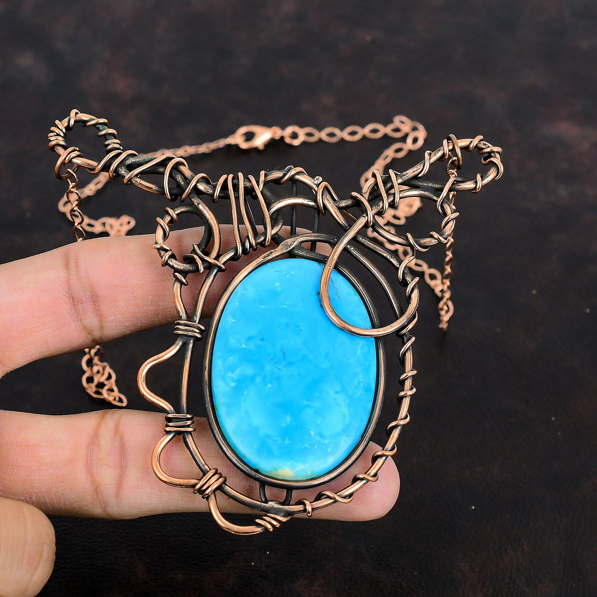 Arizona Turquoise Necklace Copper Wire Wrapped Gemstone Necklace Copper Handmade Jewelry Adjustable Chain Necklace Antique Wire Wrap Jewelry