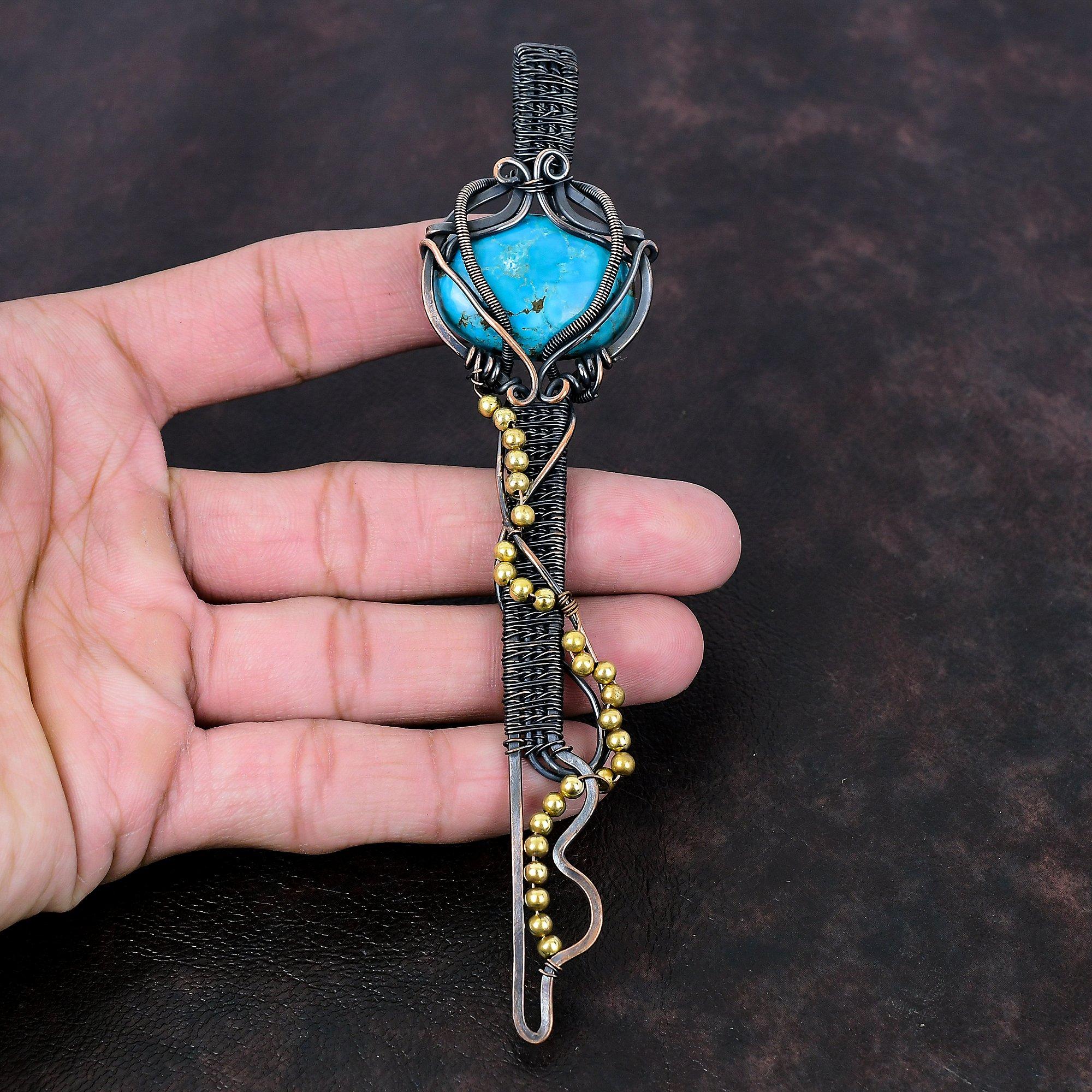 Tibetischer Türkis Anhänger Kupferdraht umwickelter Schmuck Einzigartiger Schlüsselanhänger Handgefertigter Edelsteinanhänger Jubiläumsgeschenk Kupferdraht umwickelter Anhänger